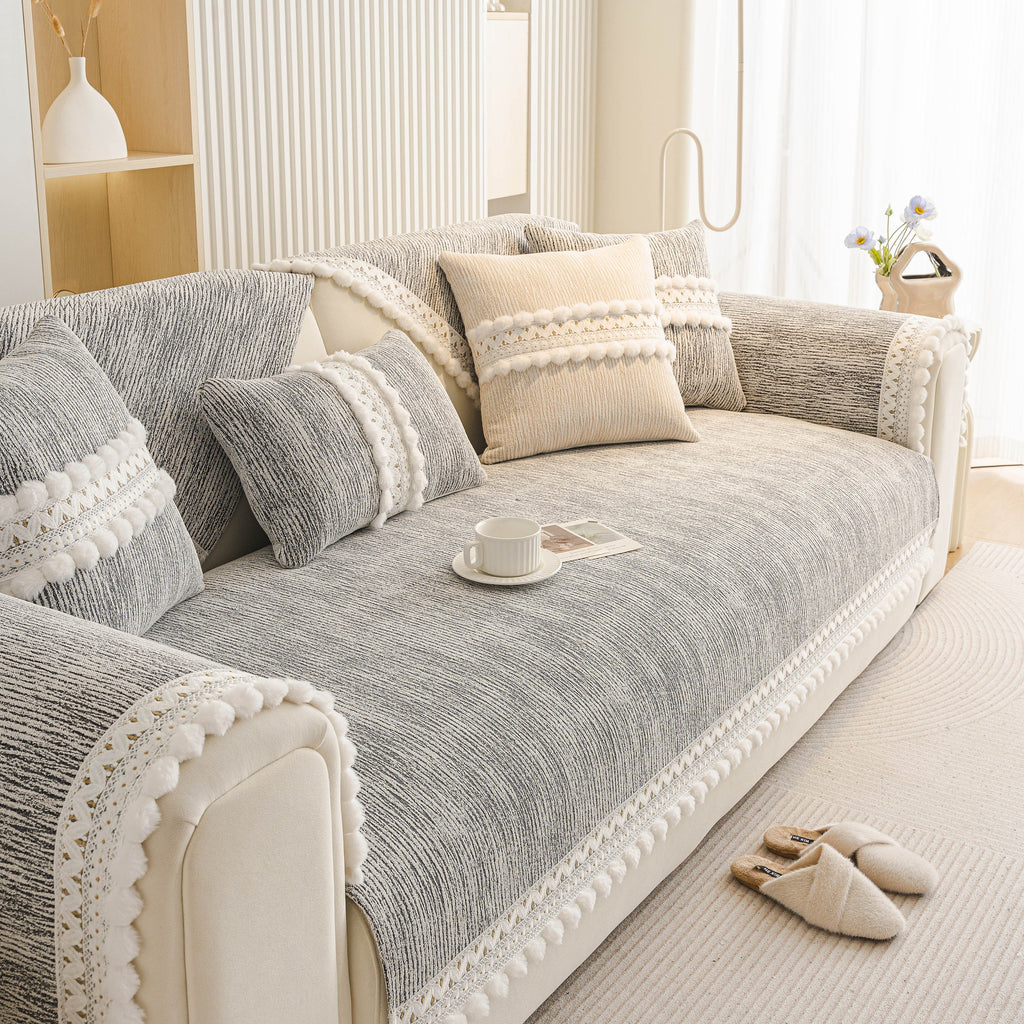 Soft Chenille Sectional Sofa Cover with Pom Pom Trim – Non-Slip Couch Protector