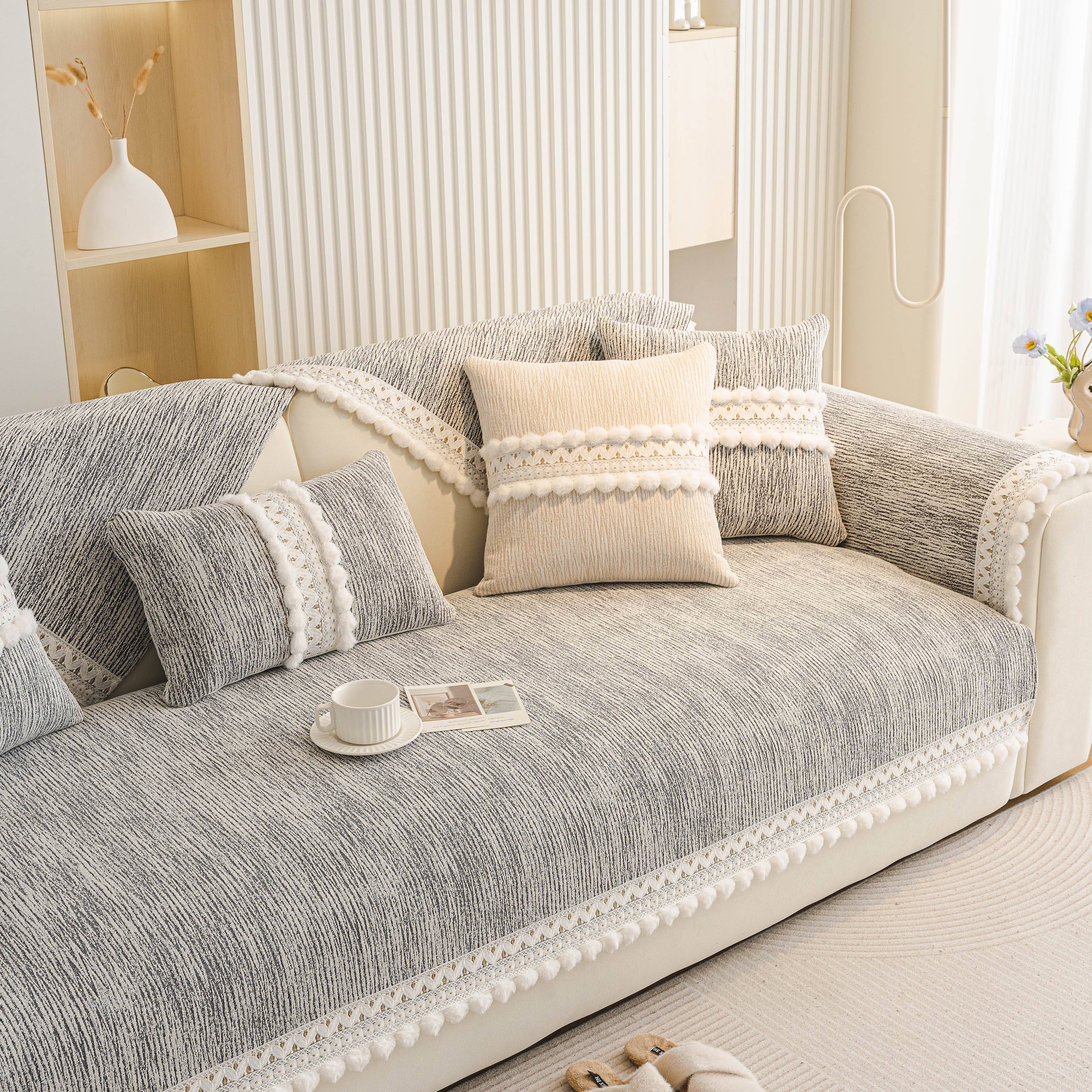 Soft Chenille Sectional Sofa Cover with Pom Pom Trim – Non-Slip Couch Protector