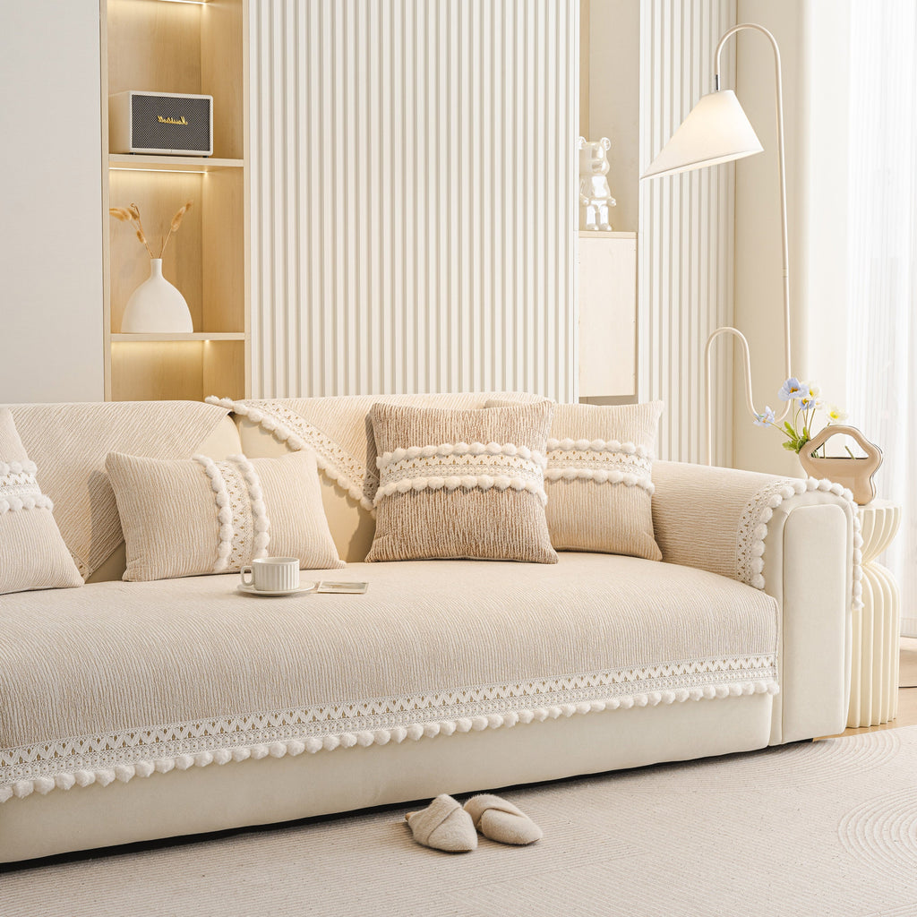 Soft Chenille Sectional Sofa Cover with Pom Pom Trim – Non-Slip Couch Protector
