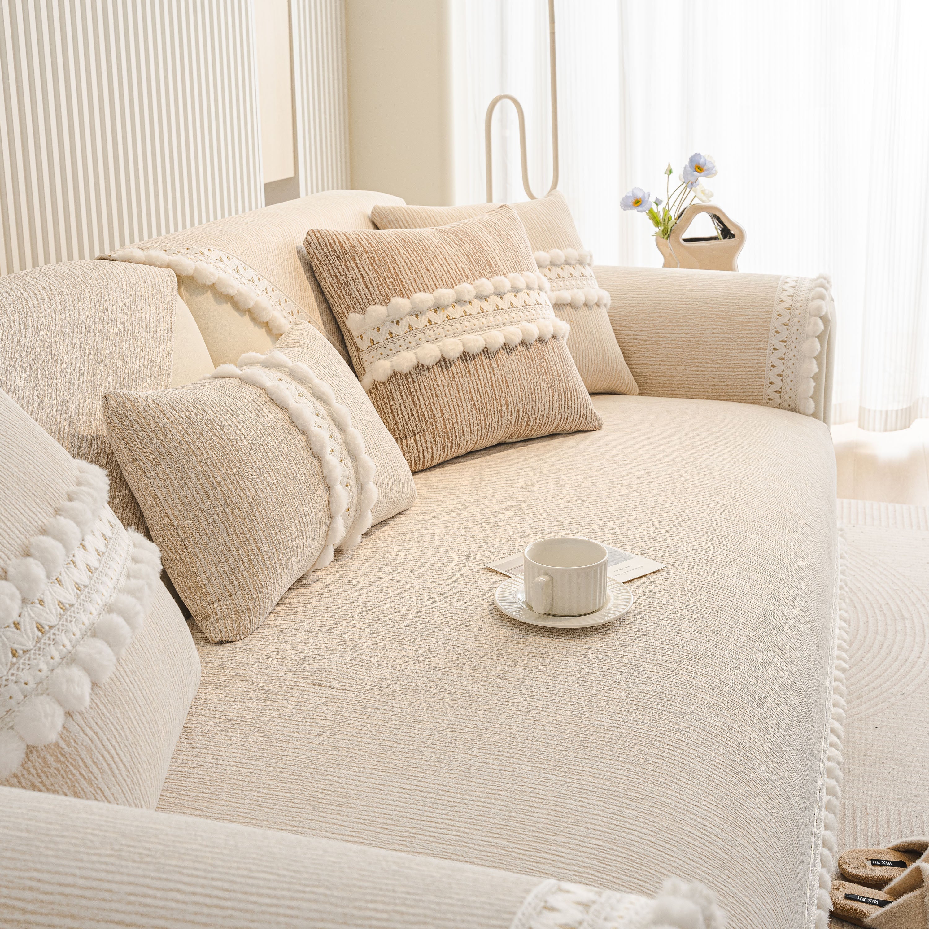 Soft Chenille Sectional Sofa Cover with Pom Pom Trim – Non-Slip Couch Protector