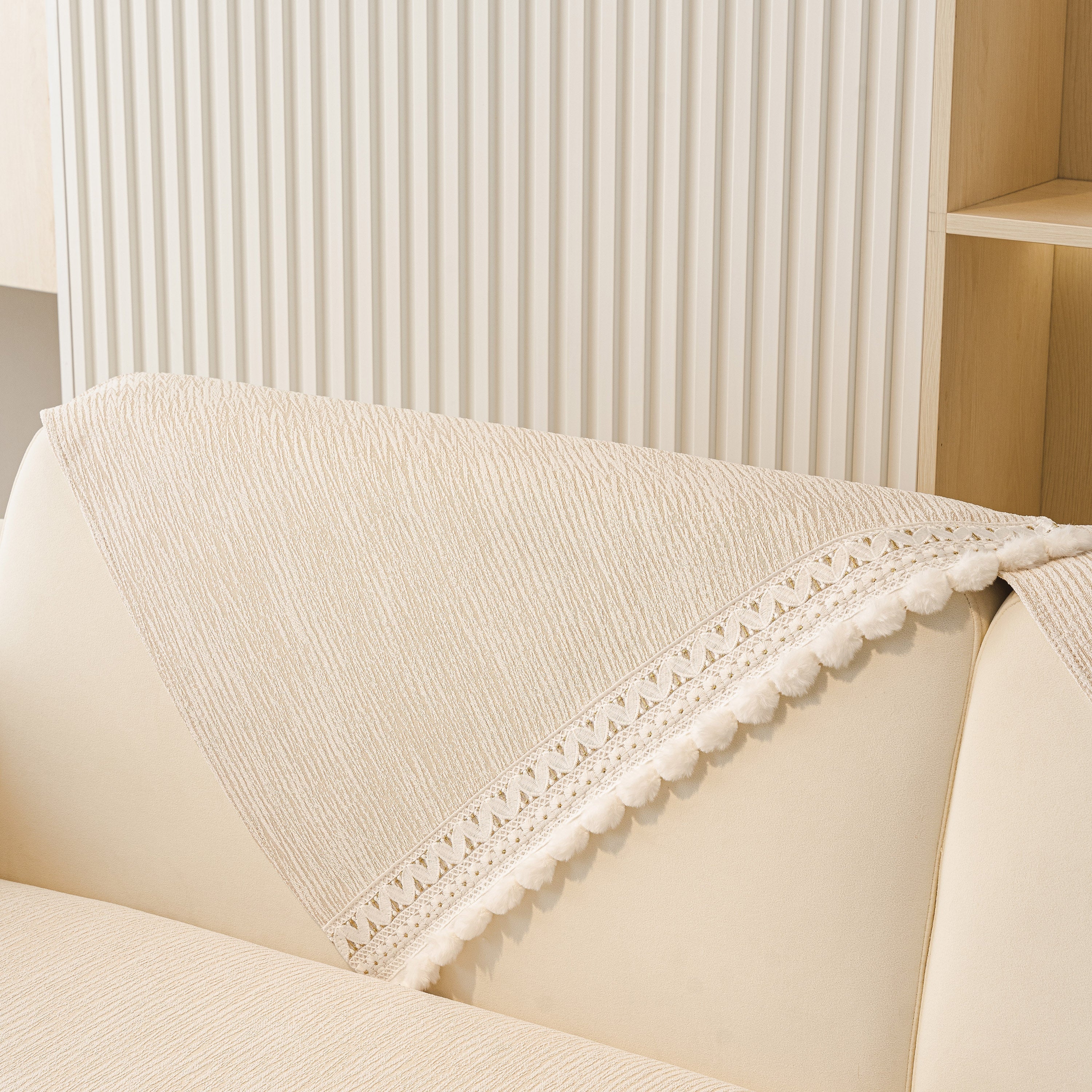 Soft Chenille Sectional Sofa Cover with Pom Pom Trim – Non-Slip Couch Protector