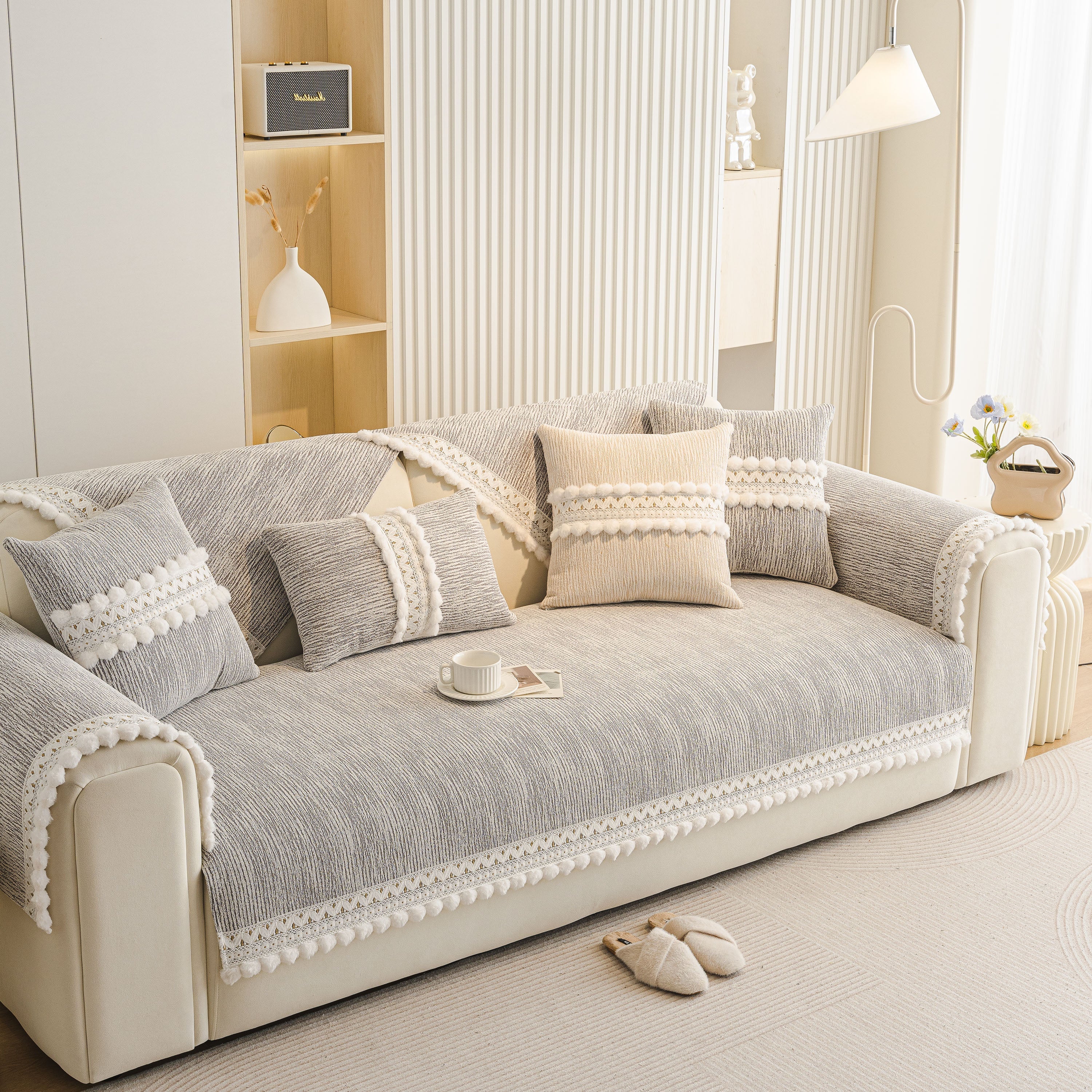 Soft Chenille Sectional Sofa Cover with Pom Pom Trim – Non-Slip Couch Protector