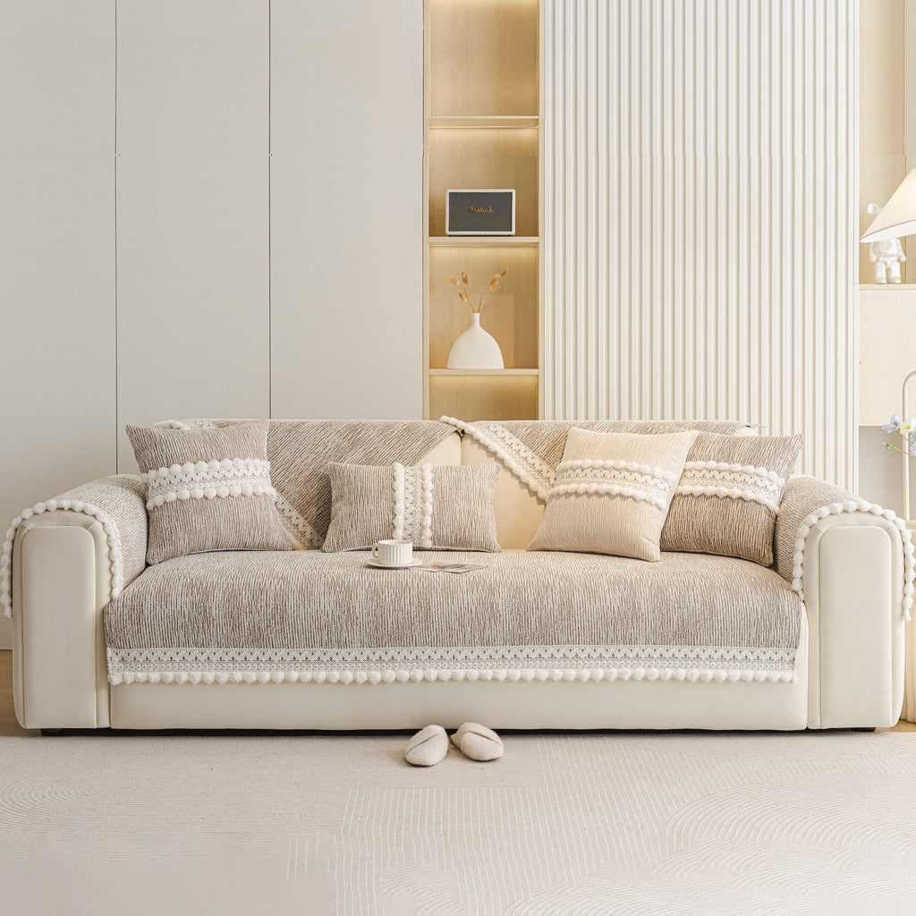 Soft Chenille Sectional Sofa Cover with Pom Pom Trim – Non-Slip Couch Protector