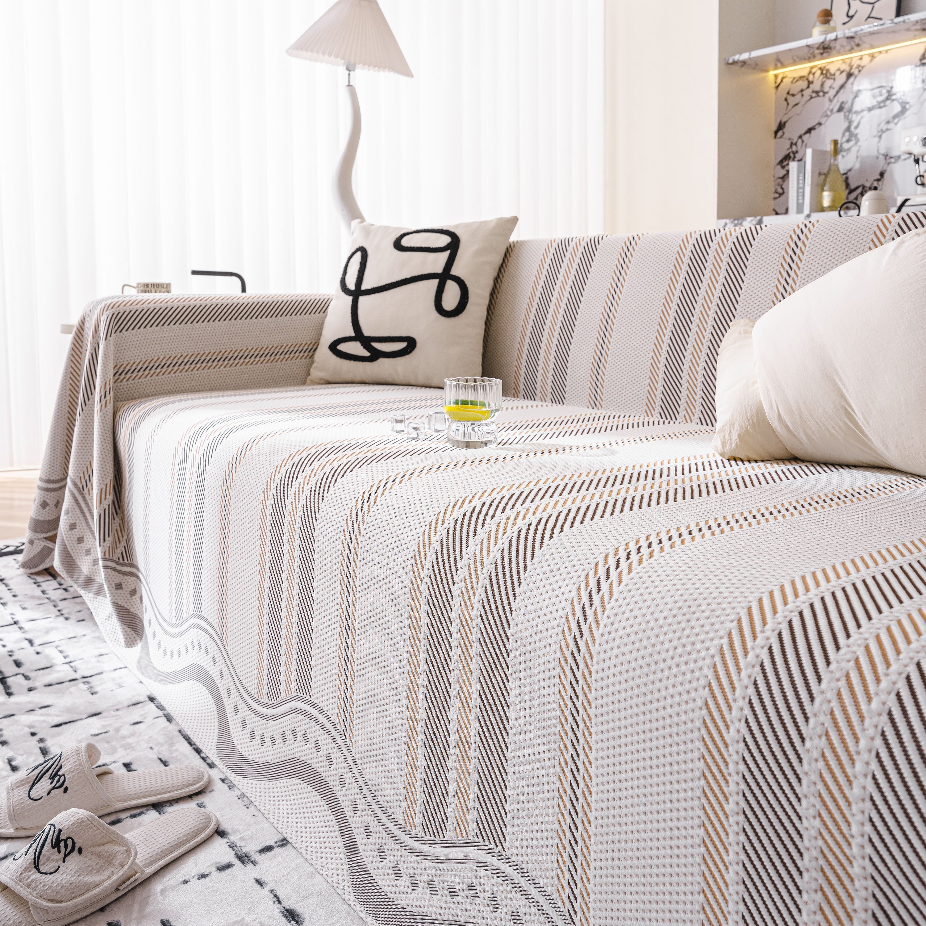 Modern Geometric Cooling Sofa Blanket, Soft & Breathable Striped Couch Throw Cover