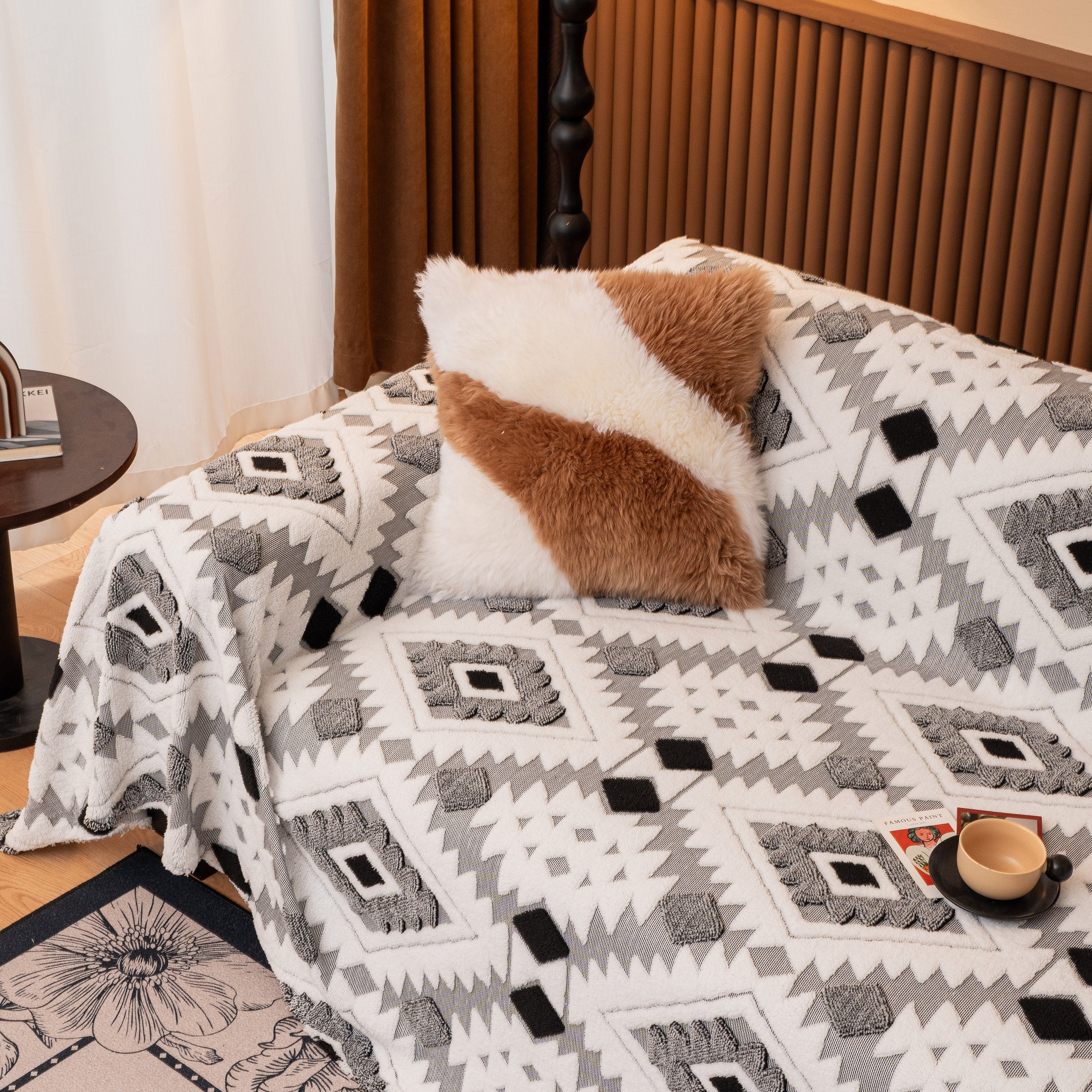Bohemian Tufted Sofa Cover, Soft Sherpa Fleece Throw Blanket with 3D Aztec Geometric