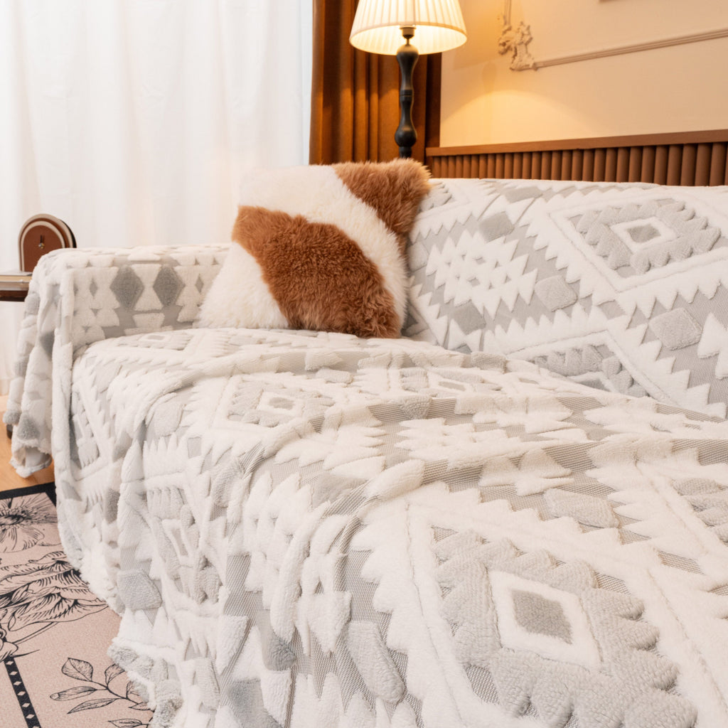 Bohemian Tufted Sofa Cover, Soft Sherpa Fleece Throw Blanket with 3D Aztec Geometric