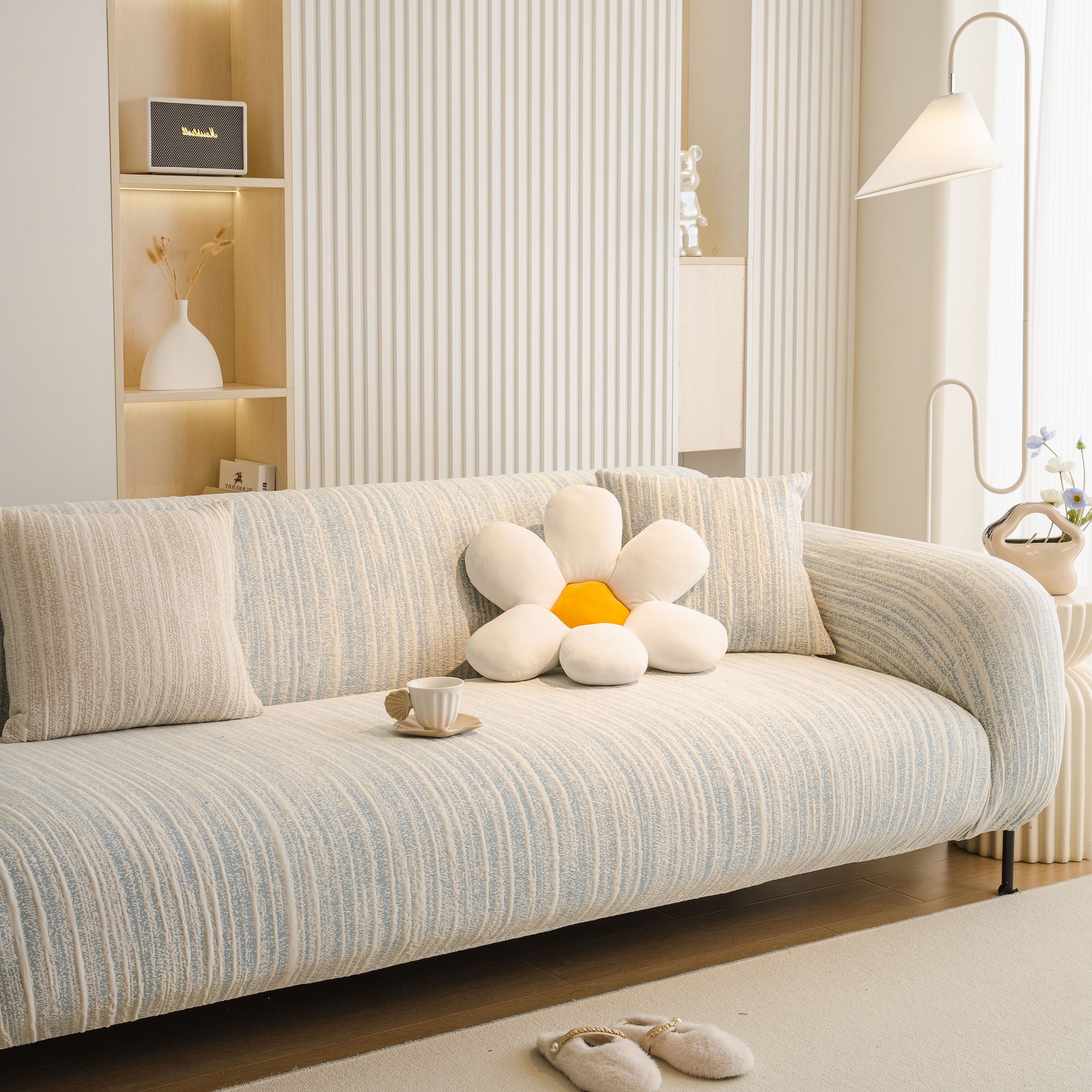 Ribbed Washable Sofa Cover, High Stretch Striped Couch Slipcover with Tie Straps