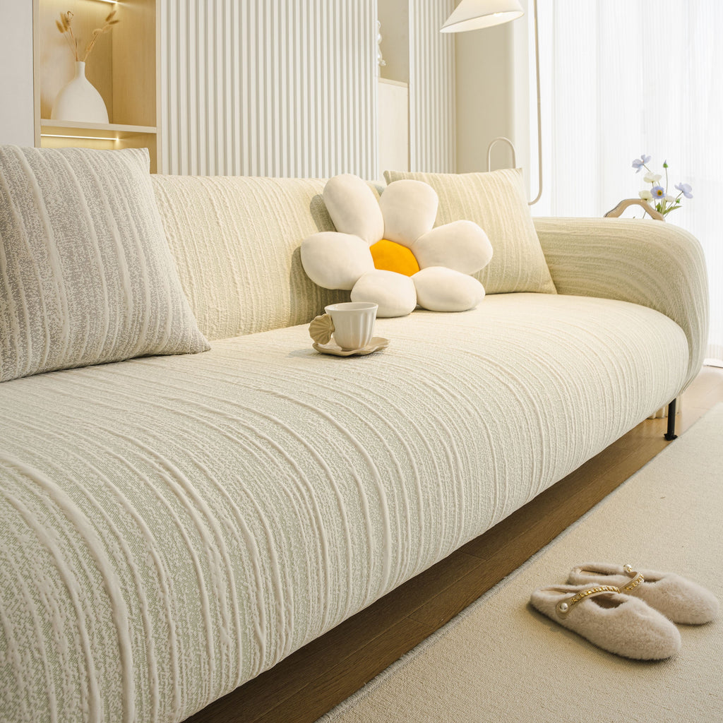 Ribbed Washable Sofa Cover, High Stretch Striped Couch Slipcover with Tie Straps
