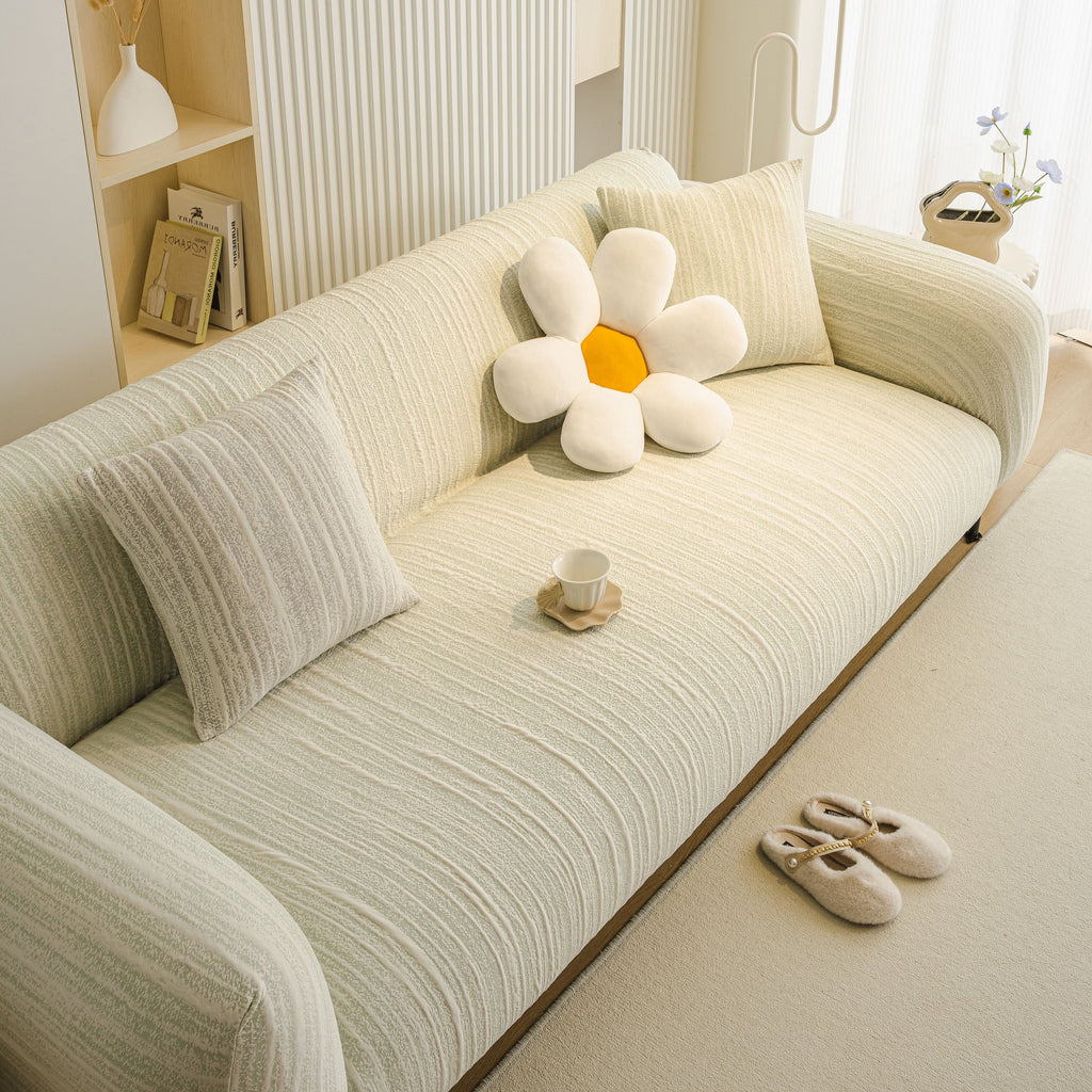 Ribbed Washable Sofa Cover, High Stretch Striped Couch Slipcover with Tie Straps