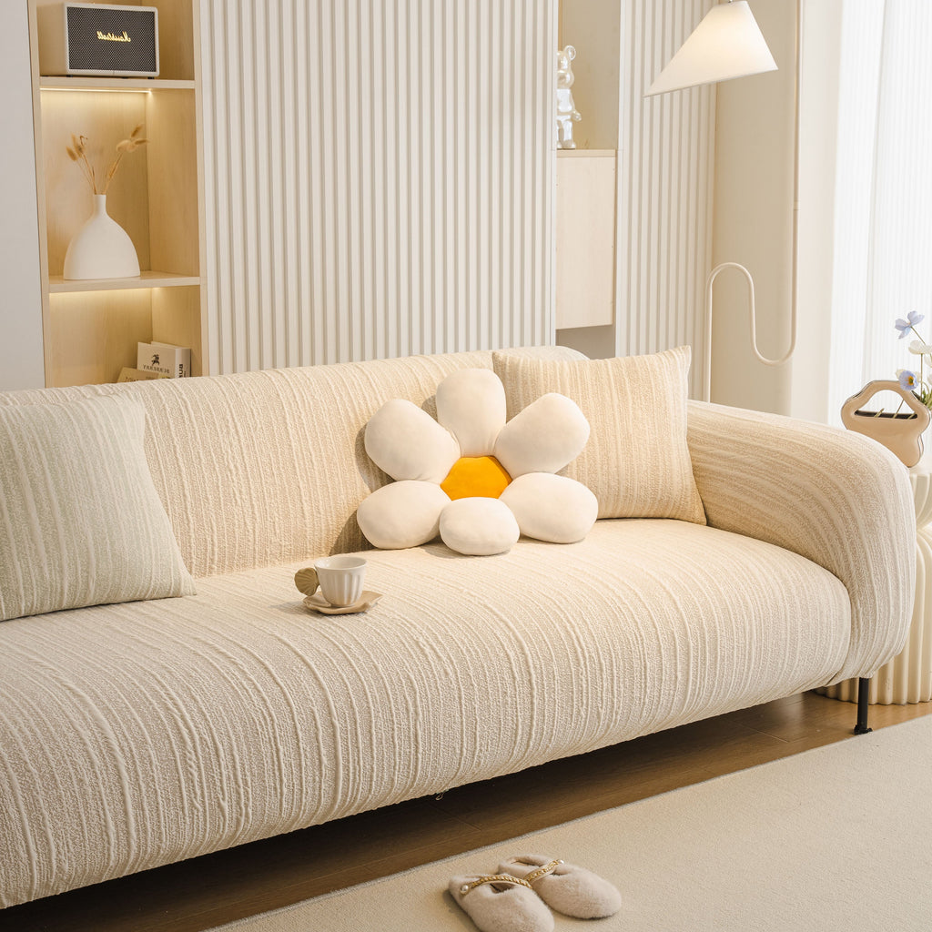 Ribbed Washable Sofa Cover, High Stretch Striped Couch Slipcover with Tie Straps