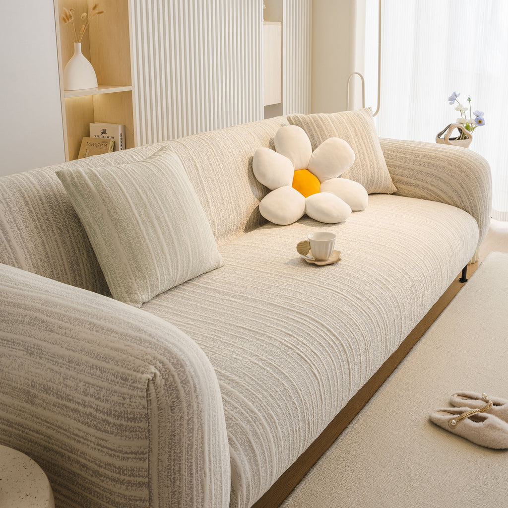 Ribbed Washable Sofa Cover, High Stretch Striped Couch Slipcover with Tie Straps
