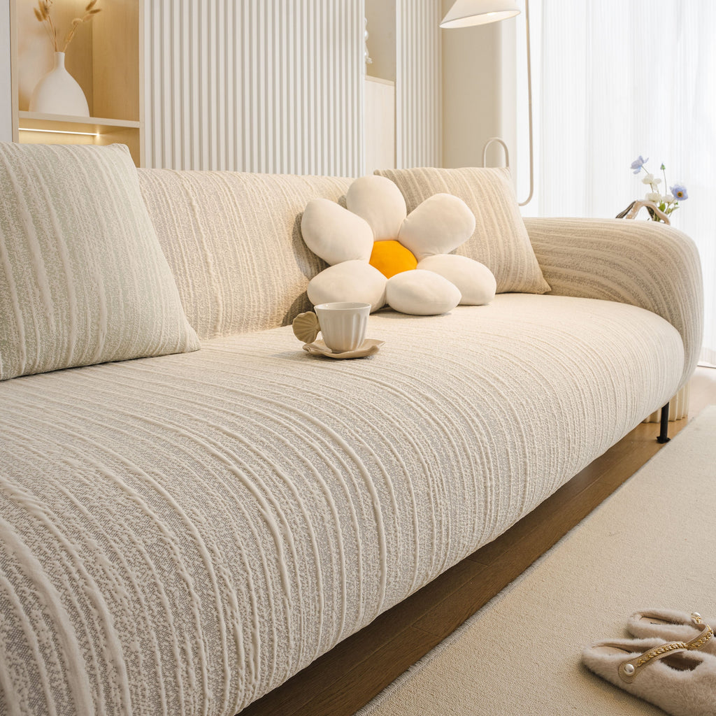 Ribbed Washable Sofa Cover, High Stretch Striped Couch Slipcover with Tie Straps