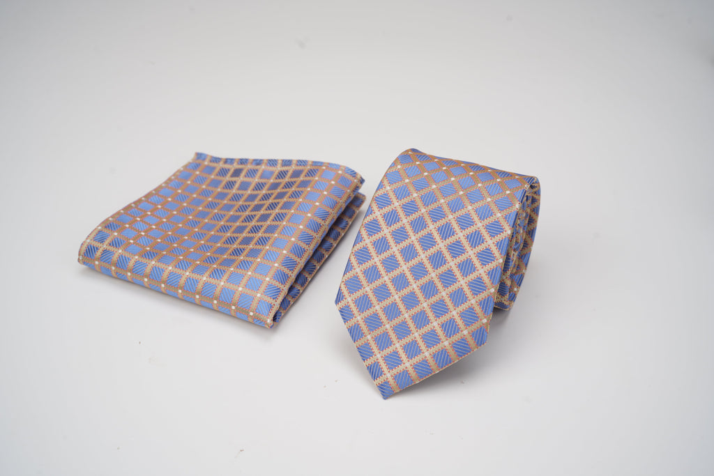 Sky Blue Silk Tie & Pocket Square Set – Geometric Pattern