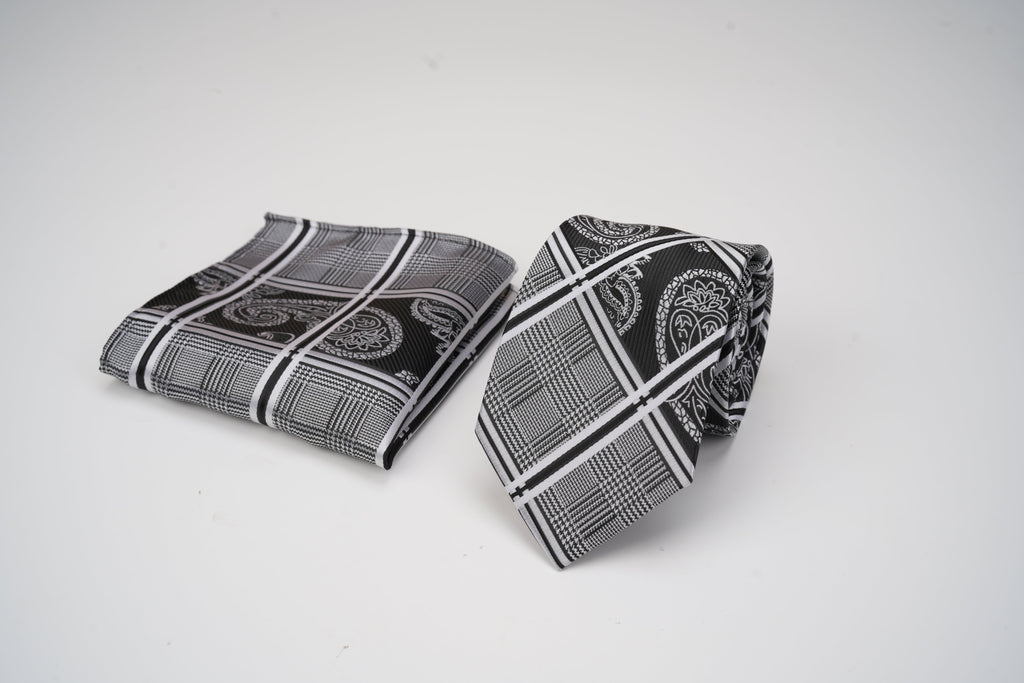 Unique White & Black Silk Tie & Pocket Square Set - Plaid