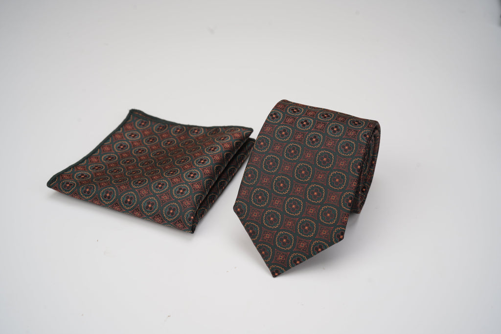 Green Silk Tie & Pocket Square Set – Circle Pattern