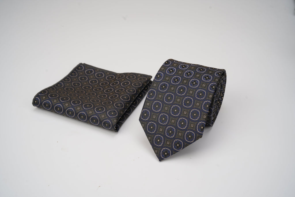 Navy Silk Tie & Pocket Square Set – Circle Pattern