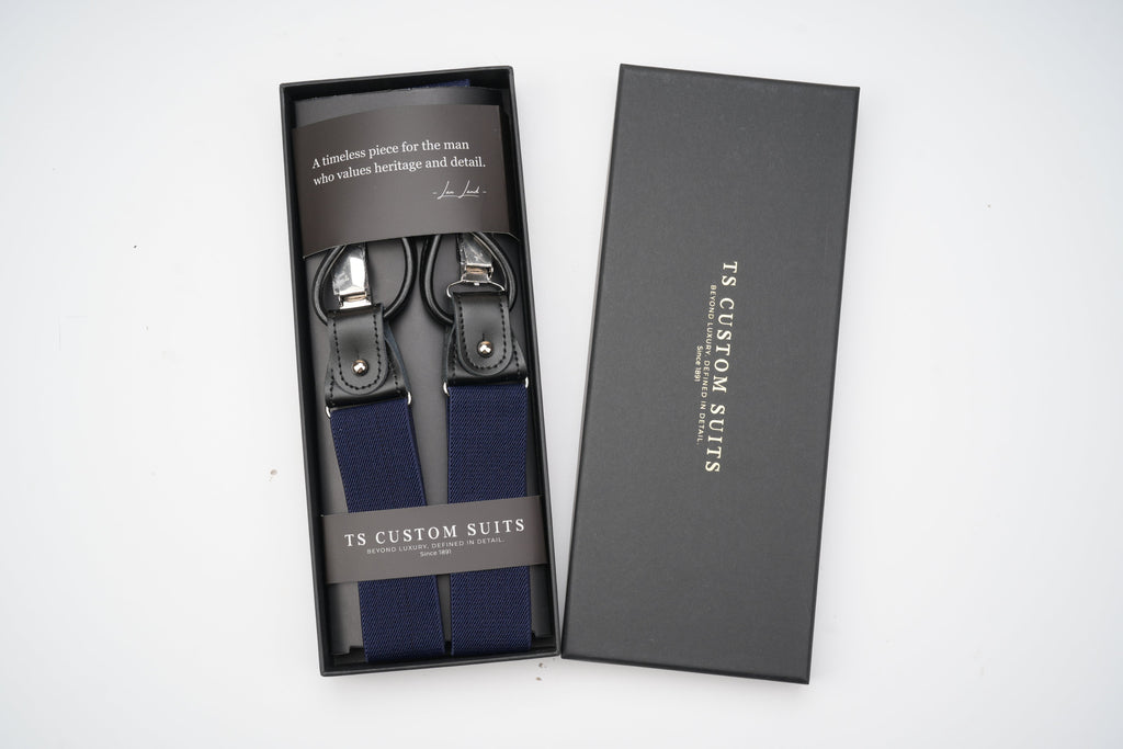 Classic Navy Leather Trim Suspenders