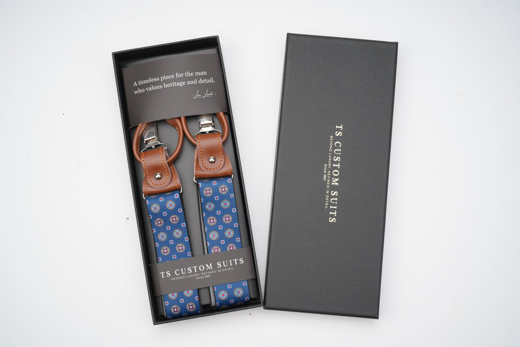 Navy Leather Trim Suspenders - Geometric Pattern