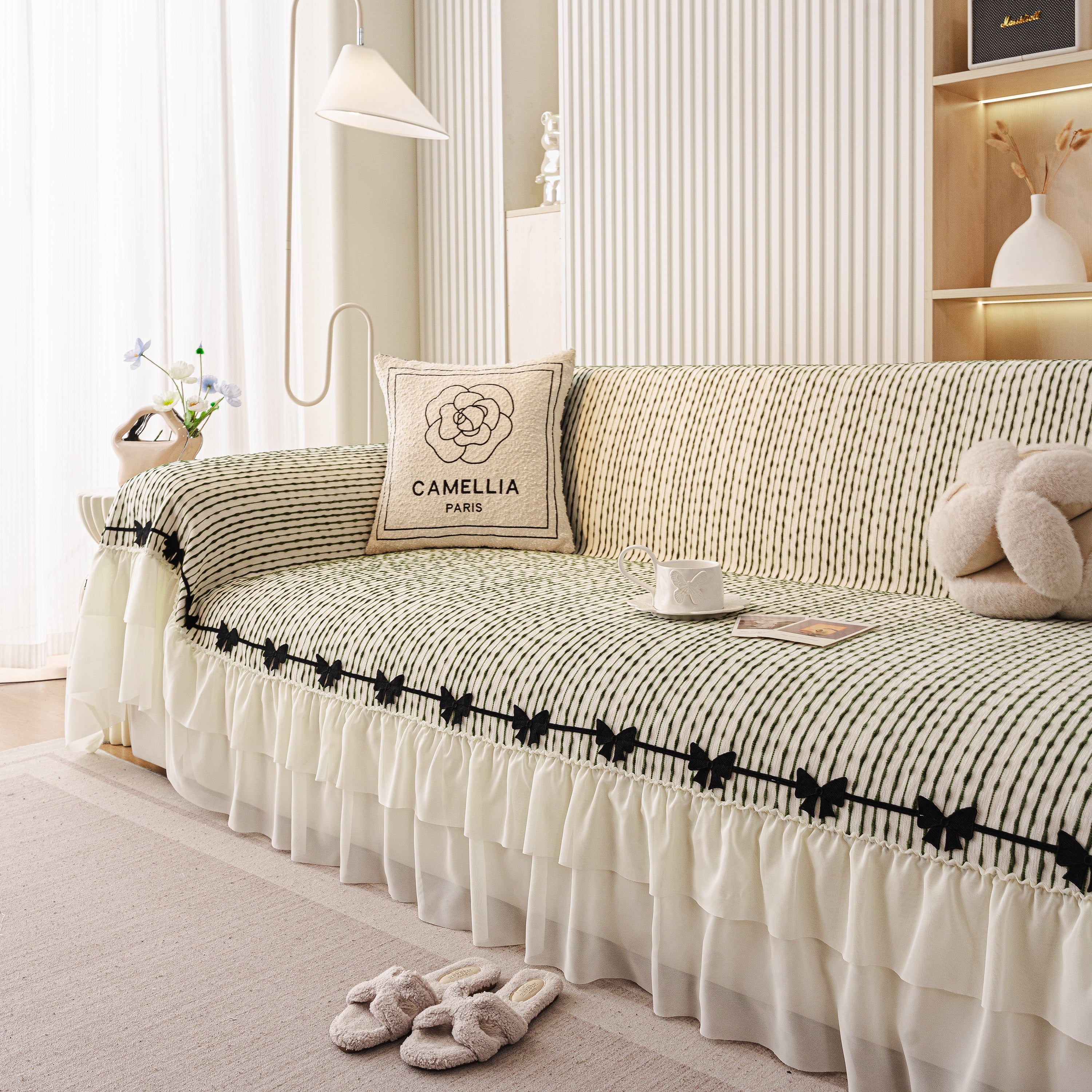 Ruffled Sofa Cover with Bowknot Decor, French Country Style Skirted Couch Slipcover