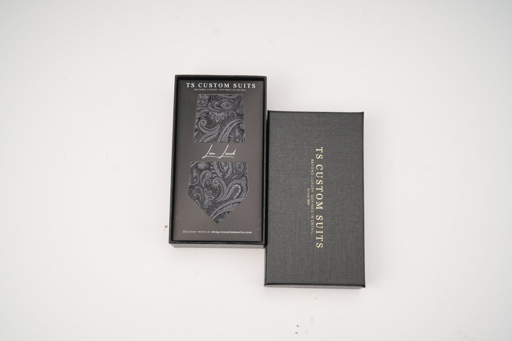 Dark Gray Paisley Silk Tie & Pocket Square Set