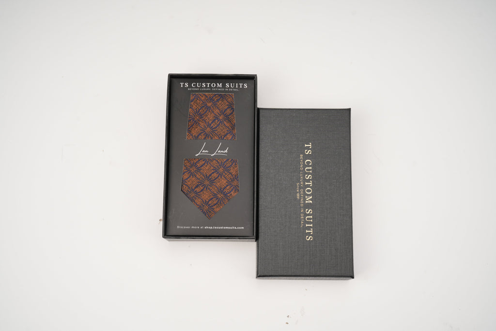 Brown Silk Tie & Pocket Square Set – Geometric Design
