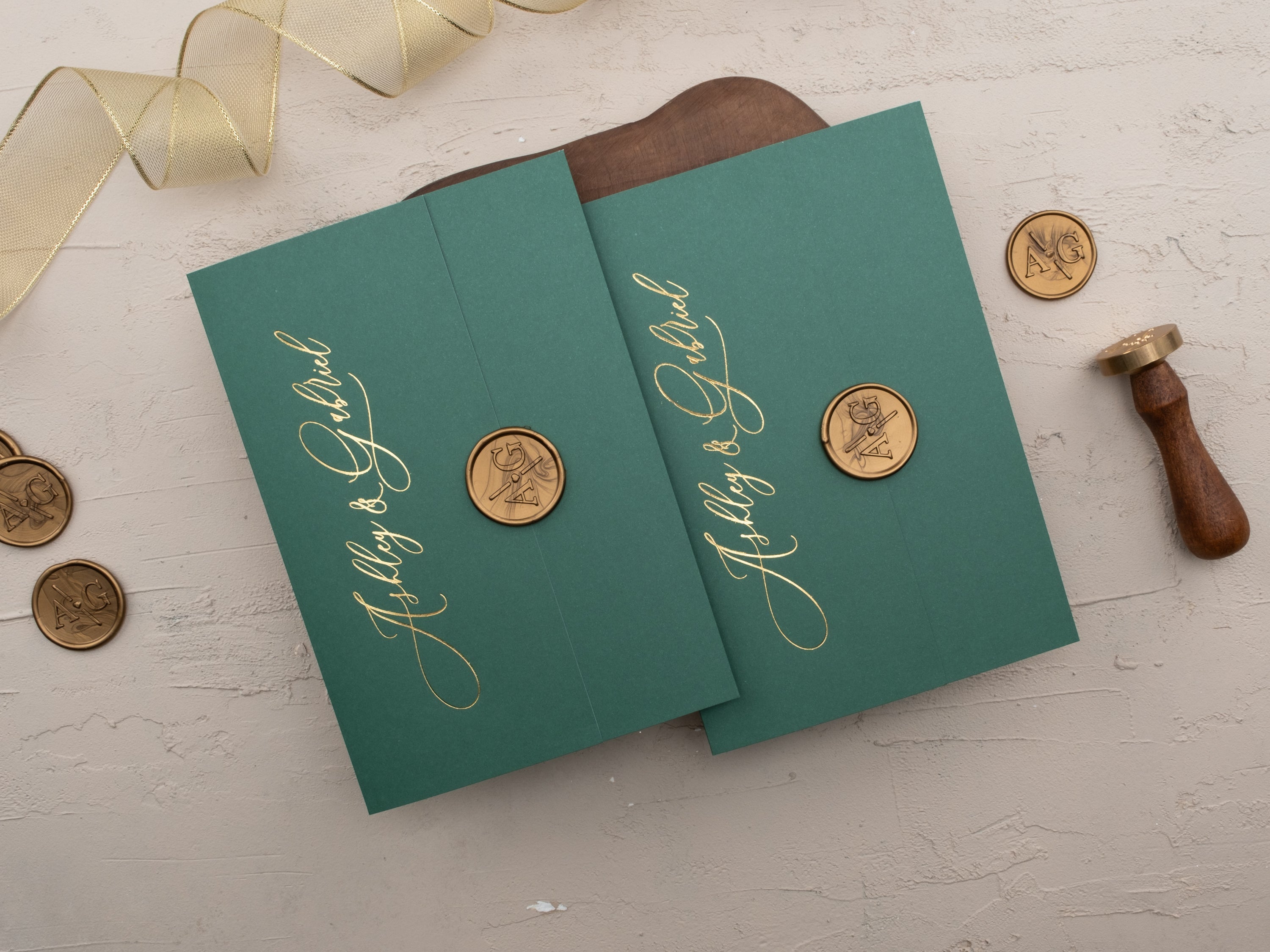 Luxury Emerald Green & Gold Acrylic Wedding Invitation with Wax Seal