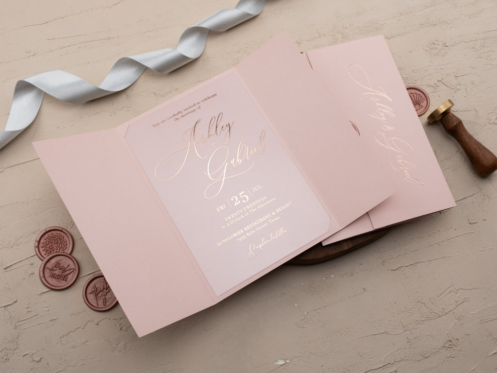 Luxury Blush Pink & Rose Gold Acrylic Wedding Invitation with Wax Seal