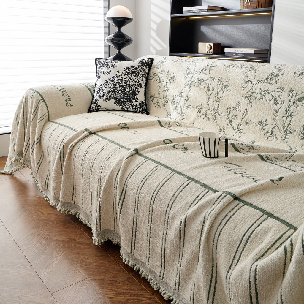 Chenille Striped Floral Couch Cover Sofa Slipcover for Most Shape Sofas, Reversible Sofa Throw Cover