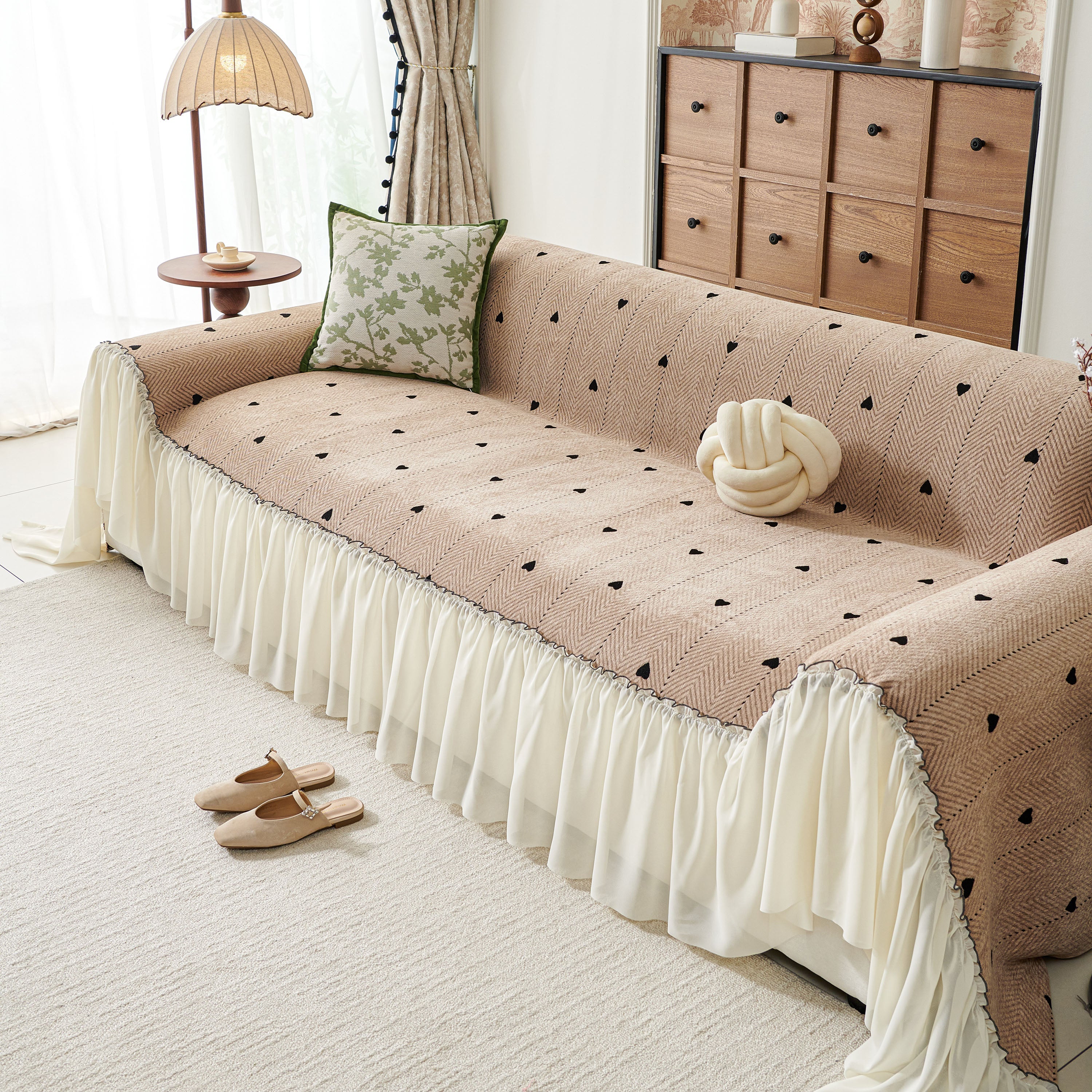 Cottagecore Ruffled Sofa Slipcover, Shabby Chic Couch Protector Cover for Living Room