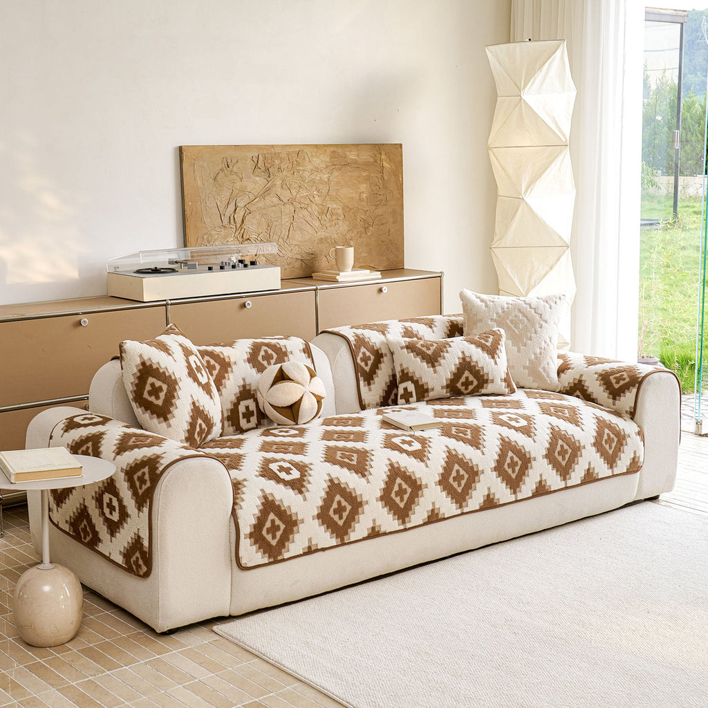 Cozy Thickened Sherpa Sofa Protector, Geometric Non-Slip Couch Cover for Pets & Kids