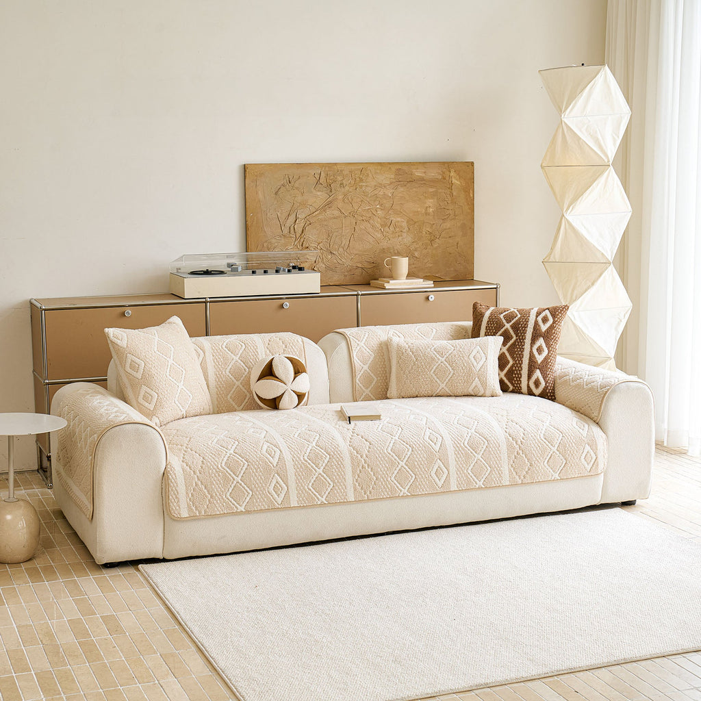Thickened Plush Sofa Cover, Textured Geometric Couch Protector with Non-Slip Backing