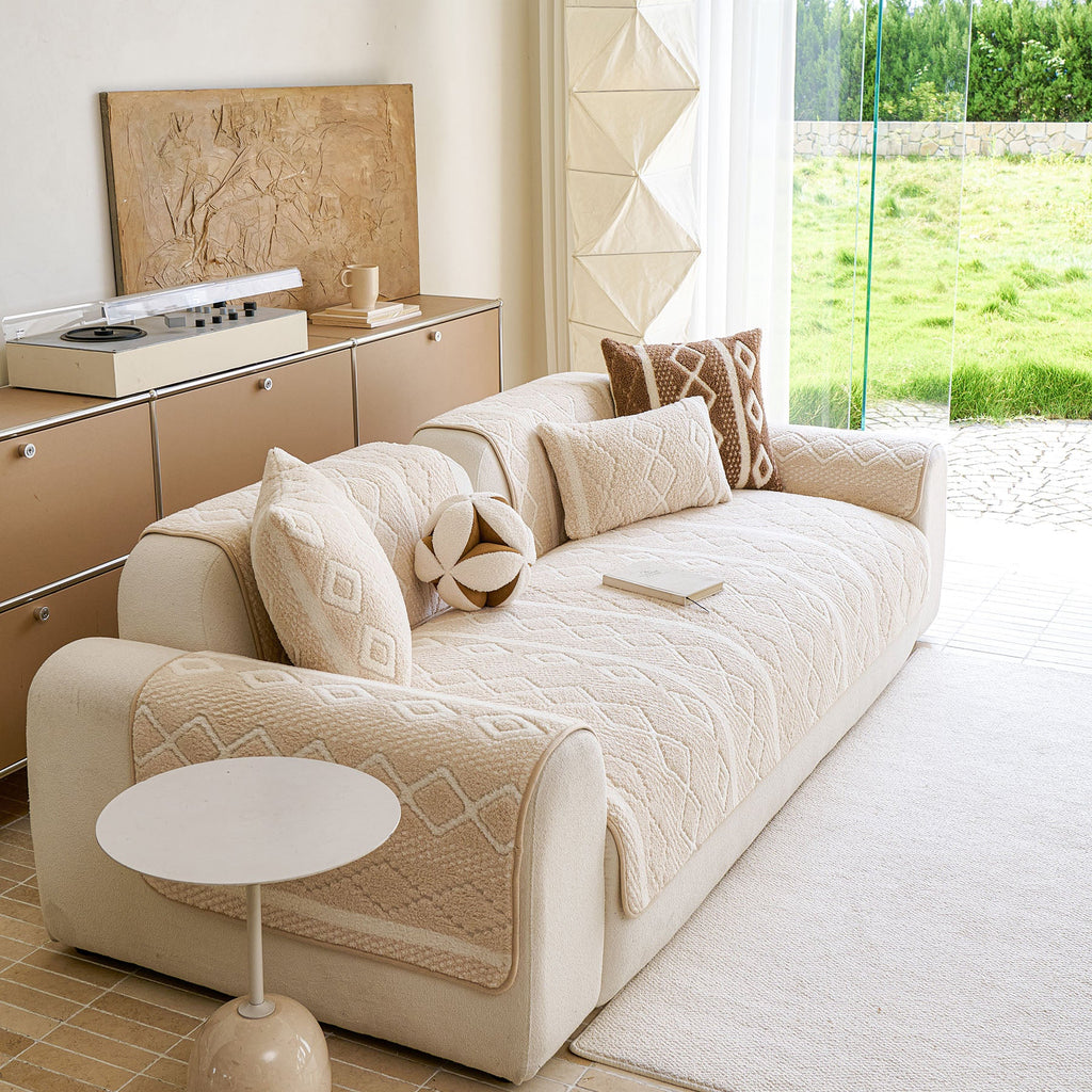 Thickened Plush Sofa Cover, Textured Geometric Couch Protector with Non-Slip Backing