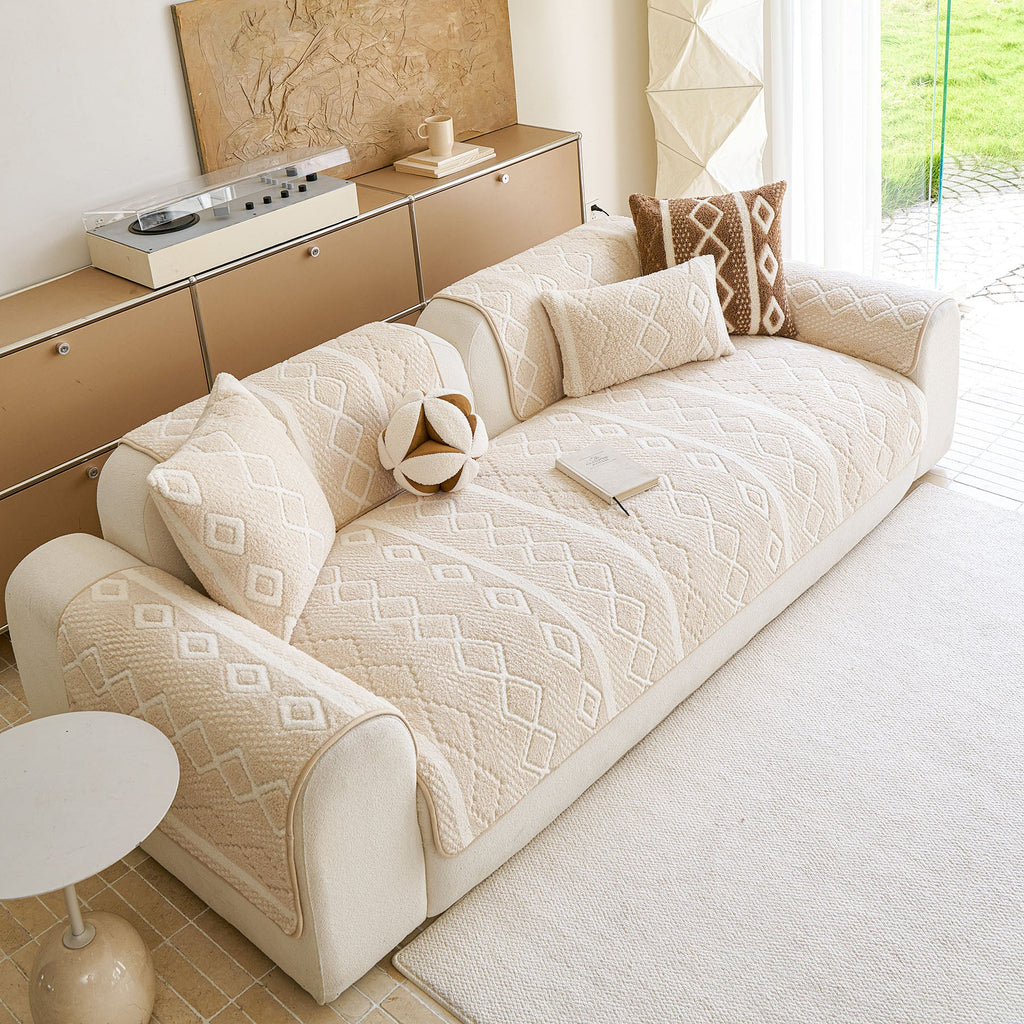 Thickened Plush Sofa Cover, Textured Geometric Couch Protector with Non-Slip Backing