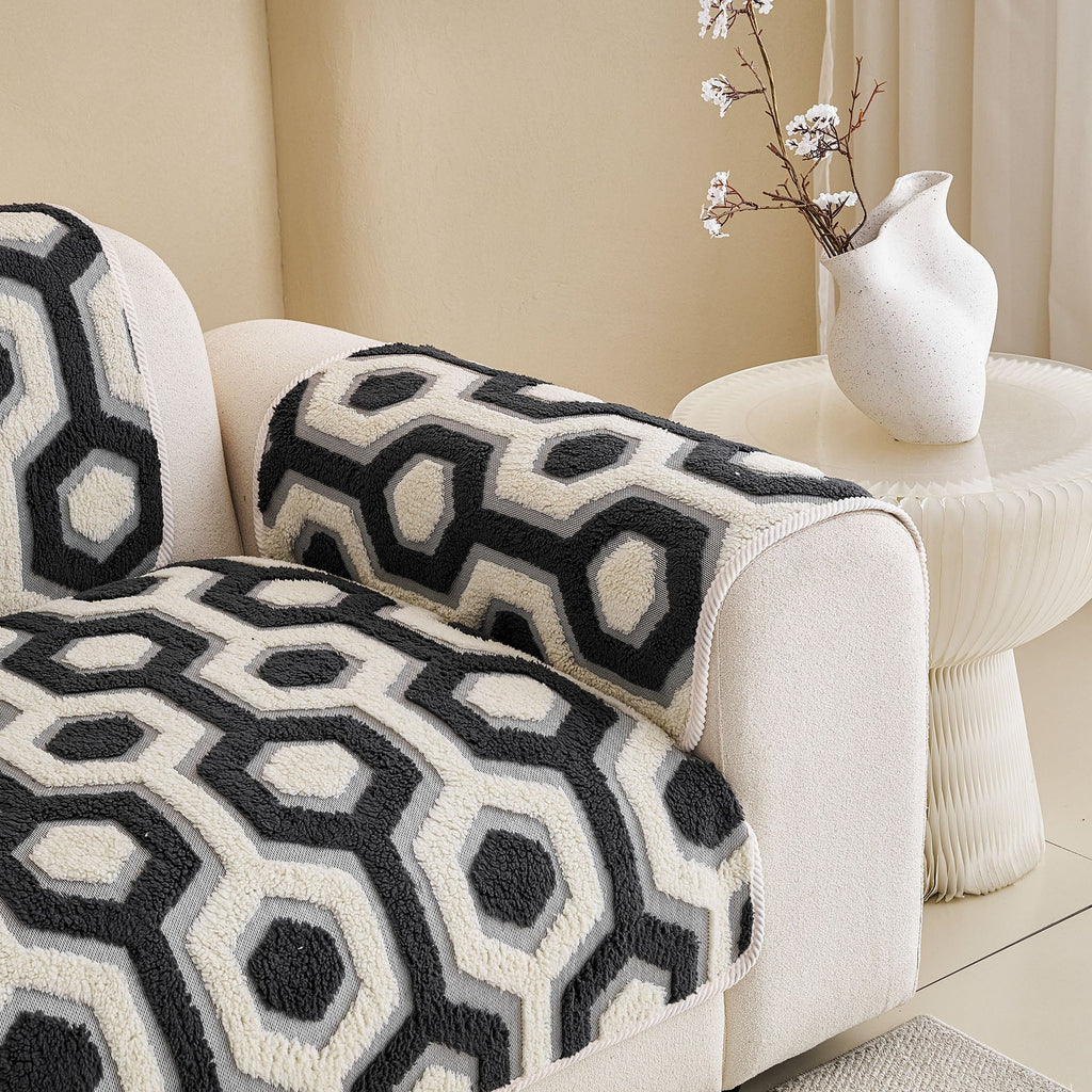 Sherpa Fleece Geometric Sofa Cover, Non-Slip Warm Couch Protector for Pets & Kids