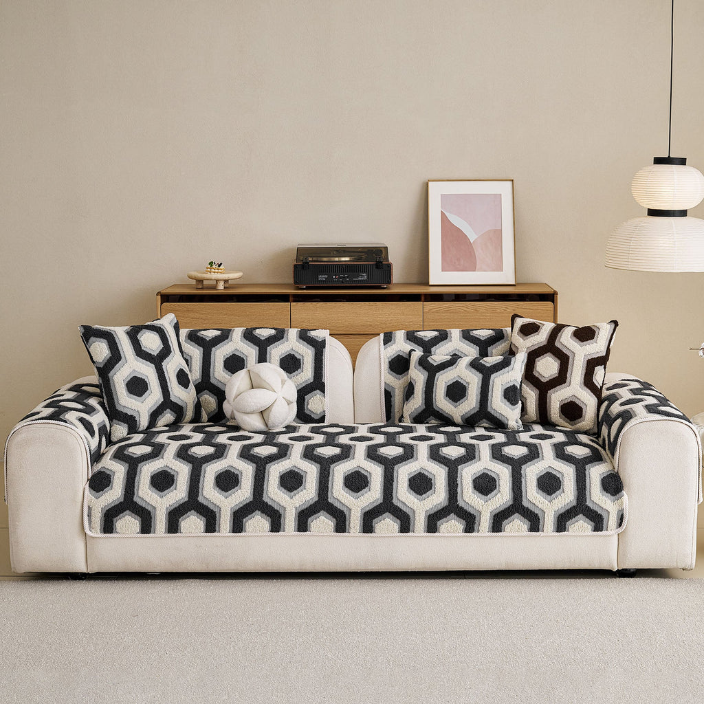 Sherpa Fleece Geometric Sofa Cover, Non-Slip Warm Couch Protector for Pets & Kids