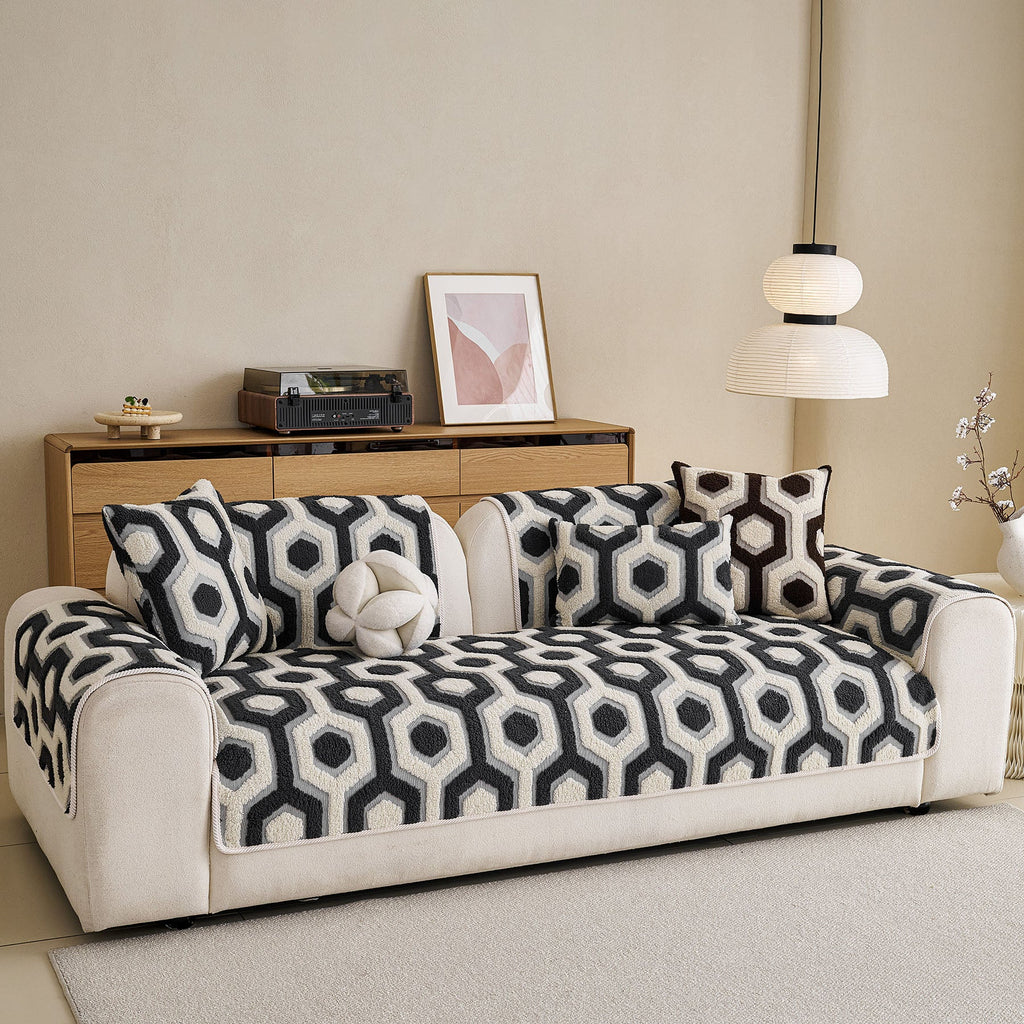 Sherpa Fleece Geometric Sofa Cover, Non-Slip Warm Couch Protector for Pets & Kids