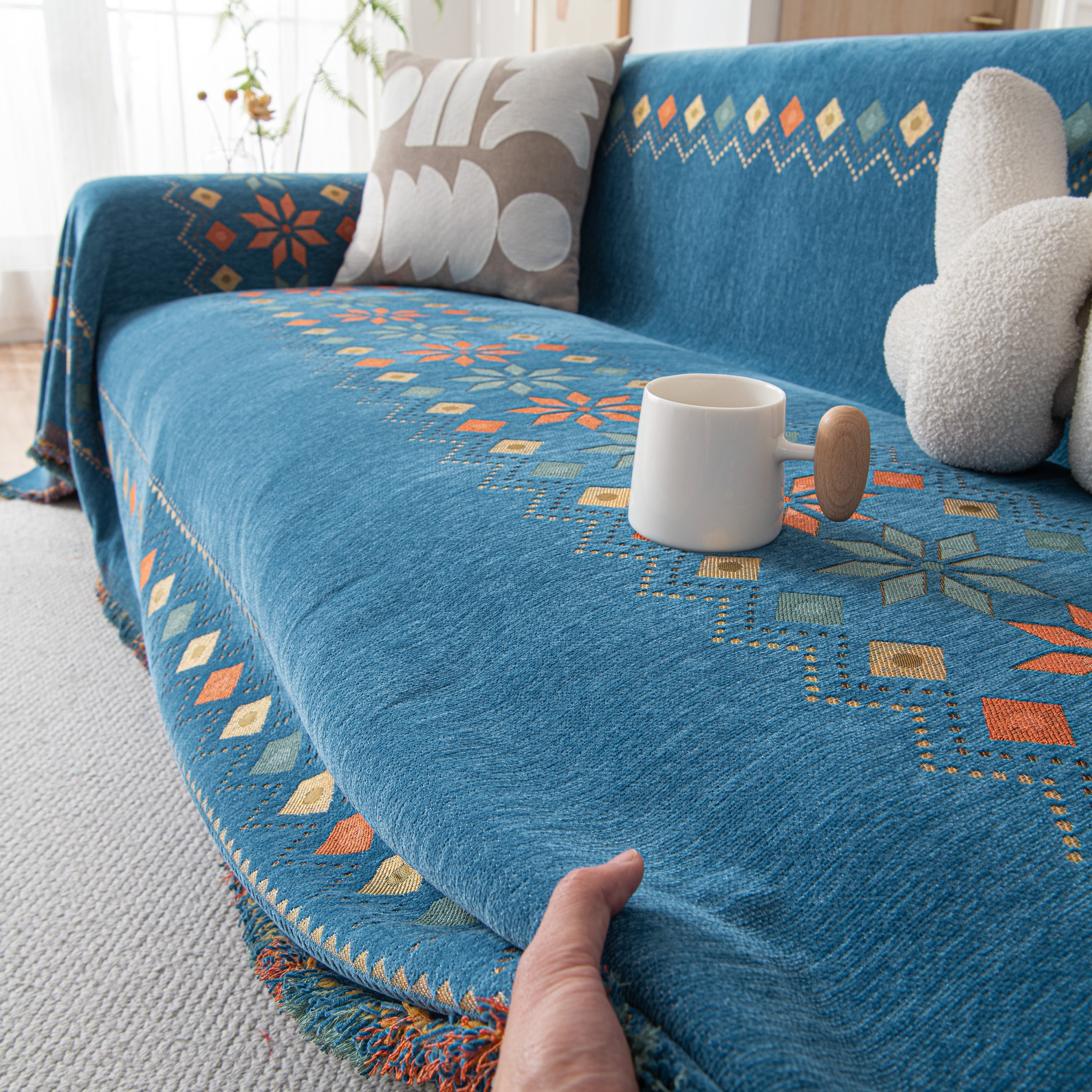 Bohemian Geometric Sofa Throw Cover, Cozy & Protective Ethnic-Inspired Couch Cover