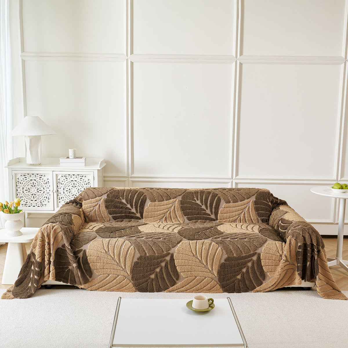 Plush Fleece Leaf Pattern Sofa Throw Cover, Soft Couch Protector Couch Cover Blanket