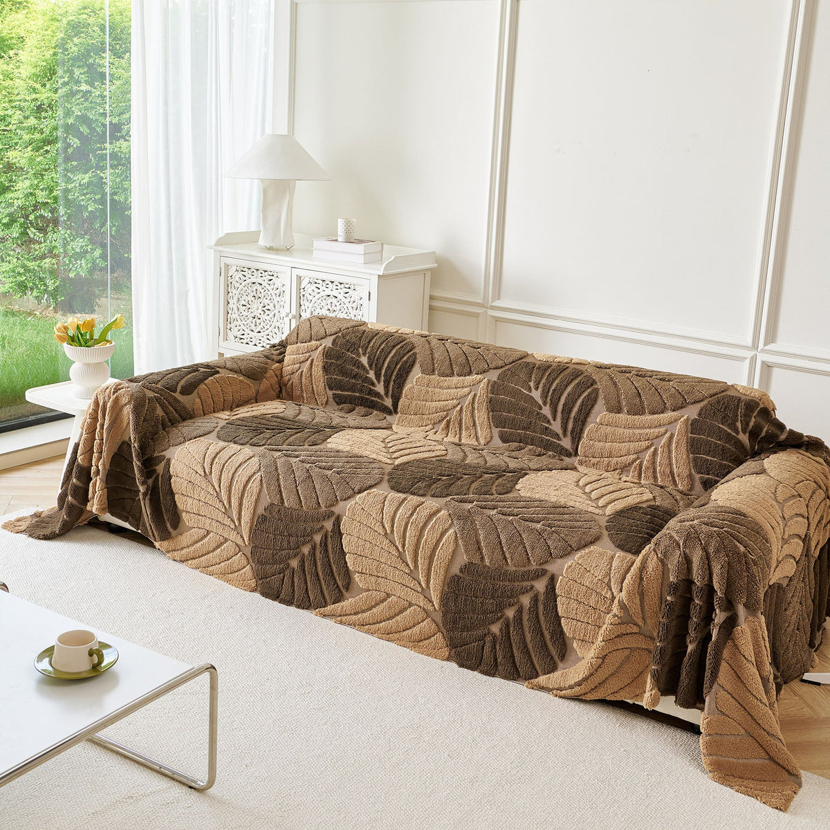 Plush Fleece Leaf Pattern Sofa Throw Cover, Soft Couch Protector Couch Cover Blanket