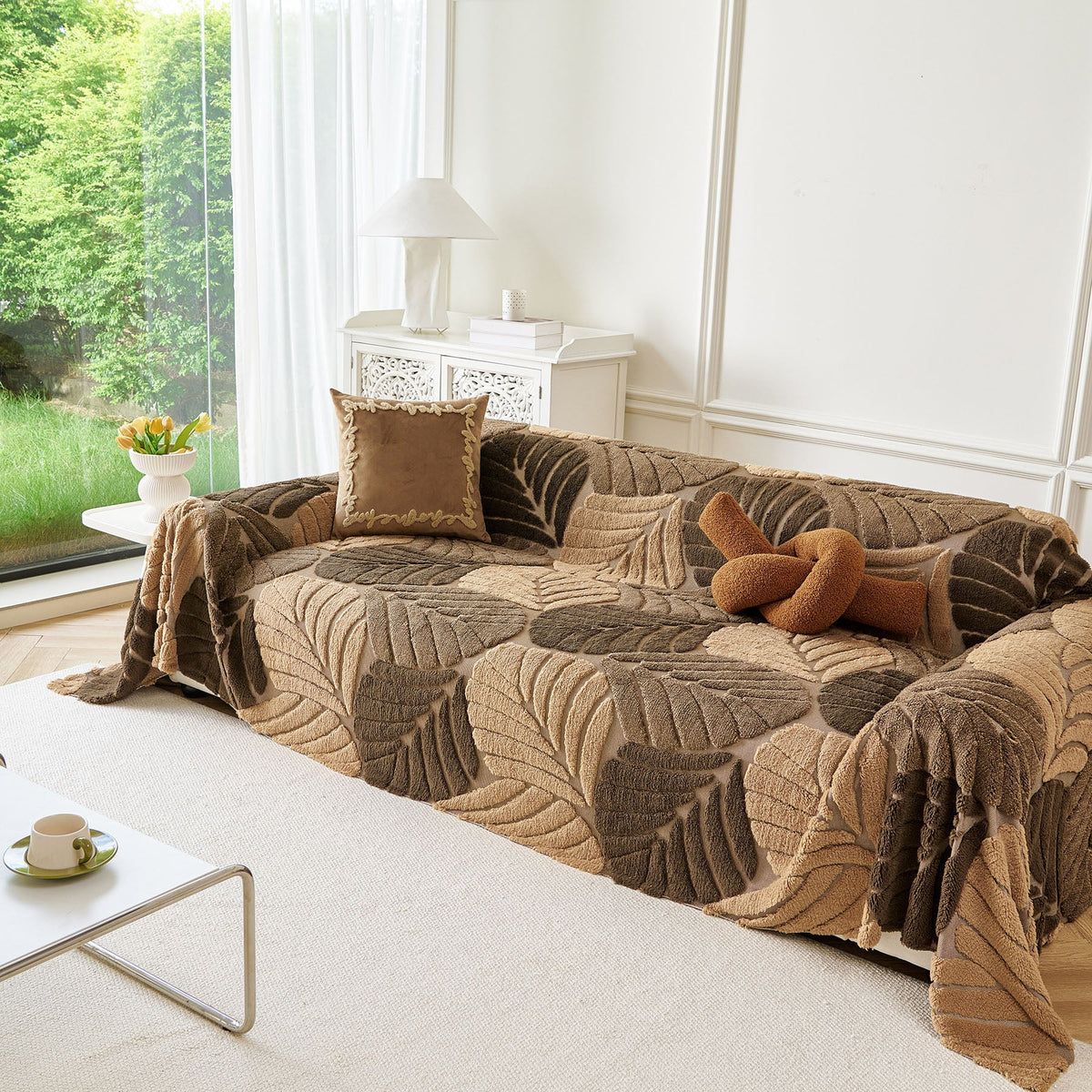 Plush Fleece Leaf Pattern Sofa Throw Cover, Soft Couch Protector Couch Cover Blanket