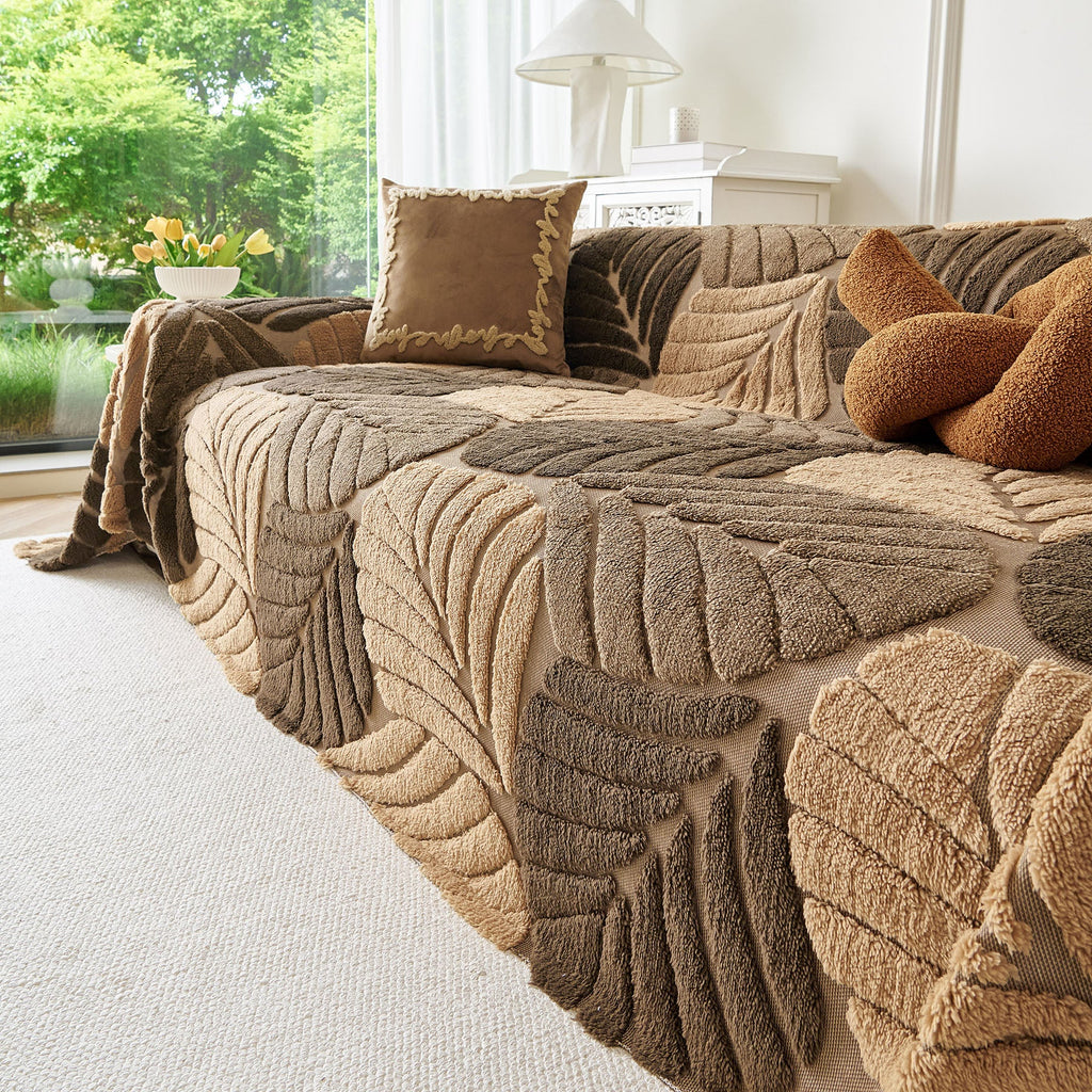 Plush Fleece Leaf Pattern Sofa Throw Cover, Soft Couch Protector Couch Cover Blanket