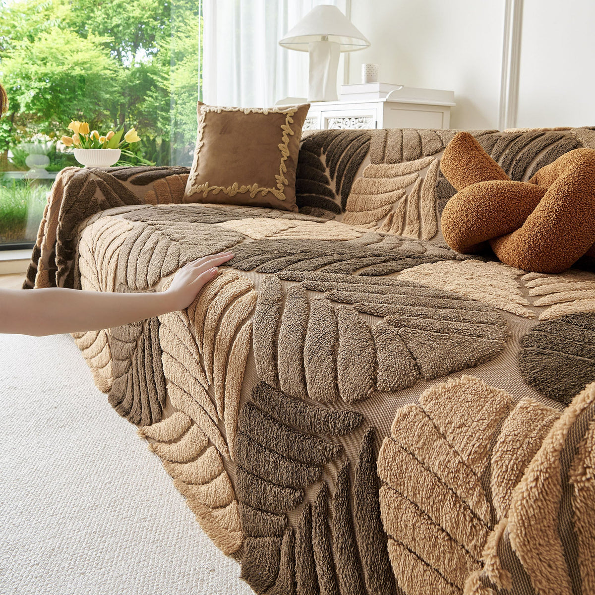 Plush Fleece Leaf Pattern Sofa Throw Cover, Soft Couch Protector Couch Cover Blanket
