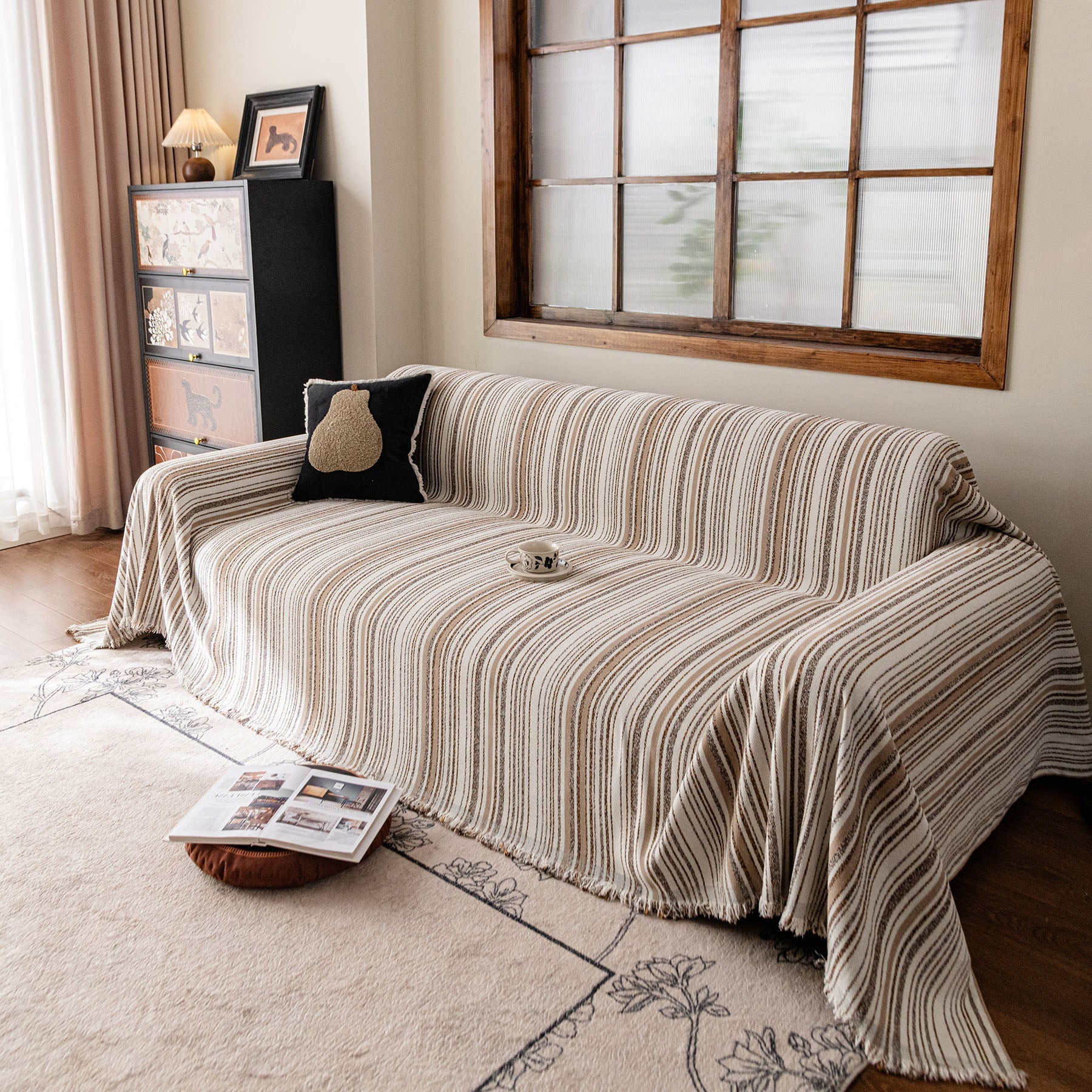 Luxury Cozy Chenille Sofa Cover Throw, Elegant Striped Soft Textured Couch Blanket