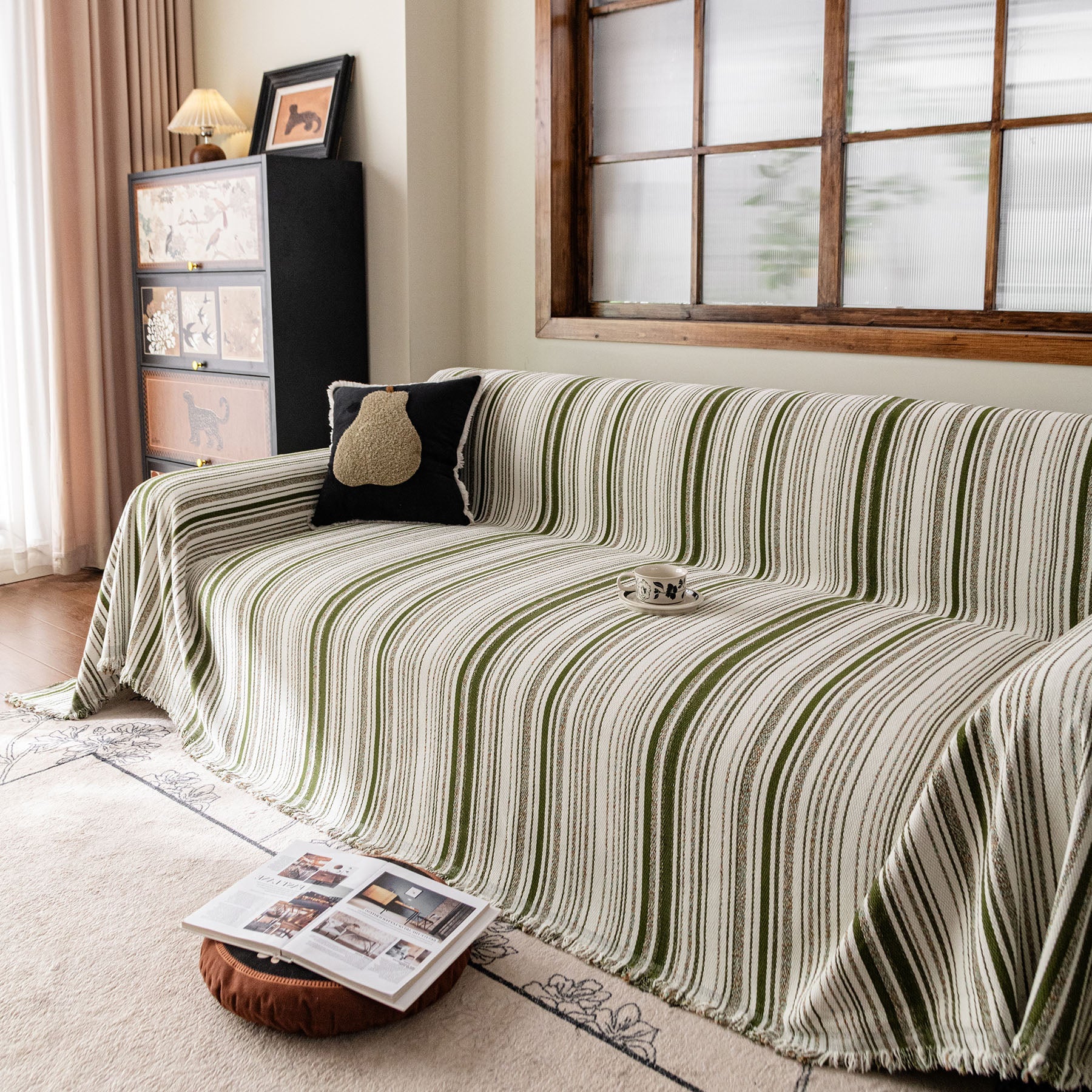 Luxury Cozy Chenille Sofa Cover Throw, Elegant Striped Soft Textured Couch Blanket