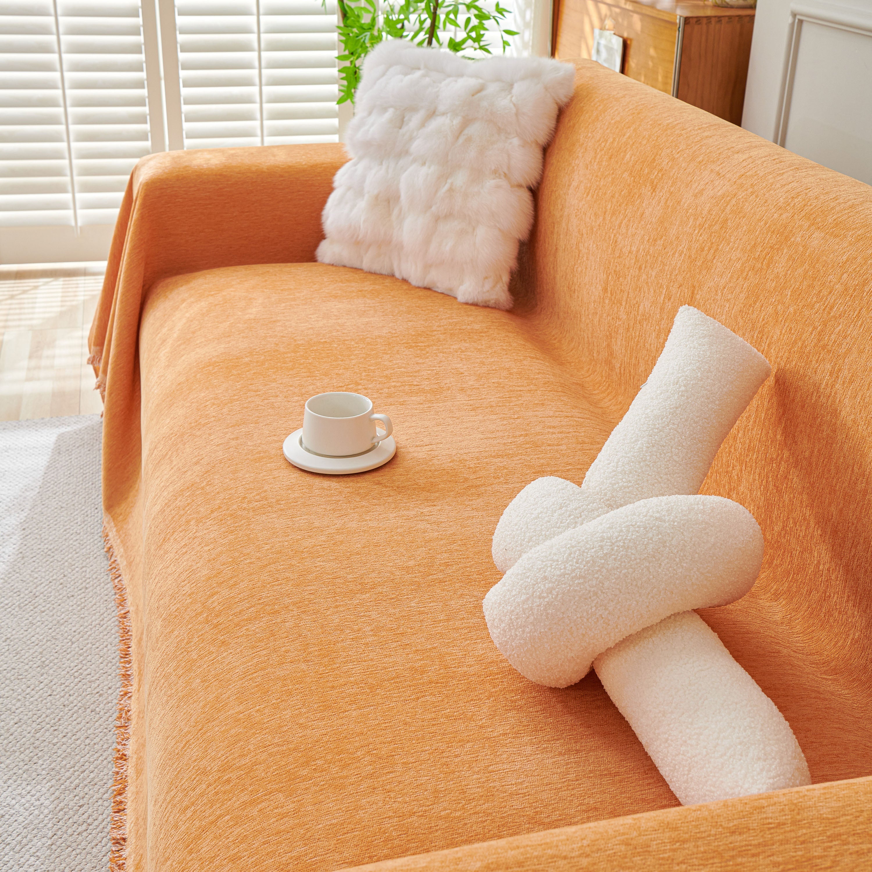 Solid Color Chenille Sofa Throw Blanket, Cozy & Easy Care Fringed Furniture Protector