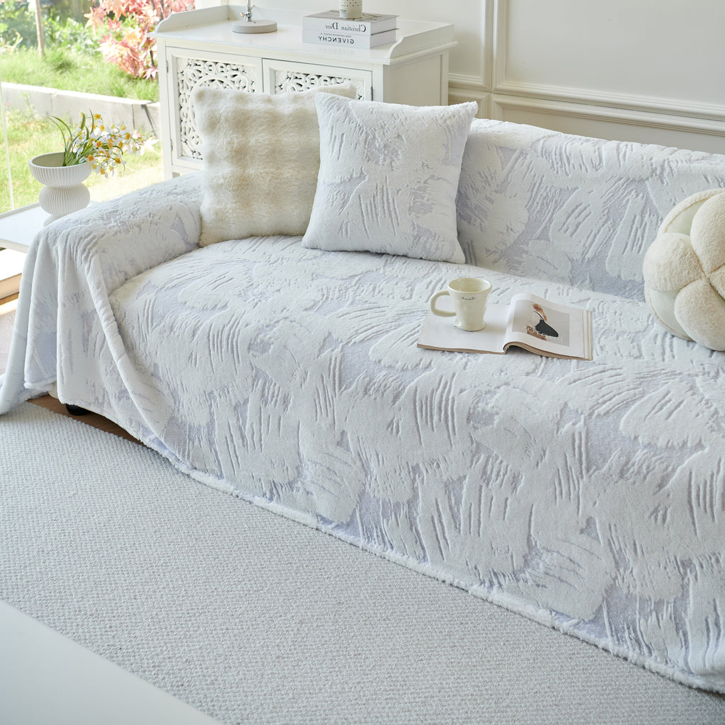 Plush Faux Fur Warm Sofa Cover with Waves Jacquard Textured Throw Blankets for Couch