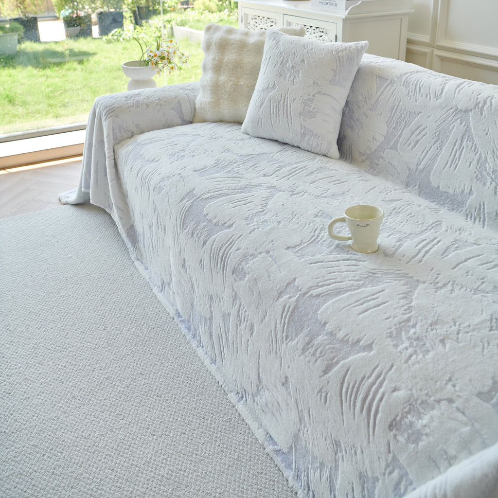 Plush Faux Fur Warm Sofa Cover with Waves Jacquard Textured Throw Blankets for Couch