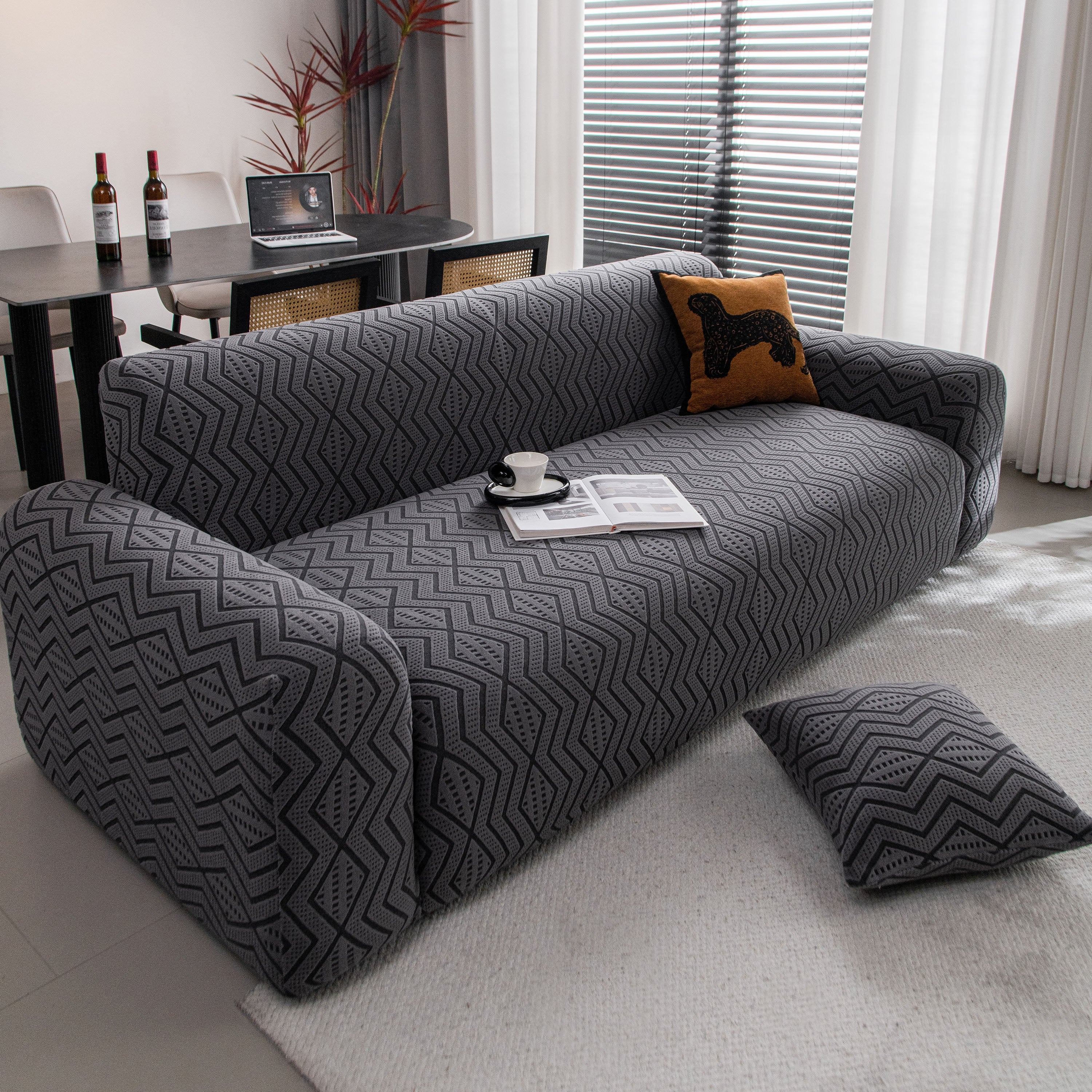 Modern Geometric Jacquard Sofa Slipcover, High Stretch 1-Piece Textured Couch Cover