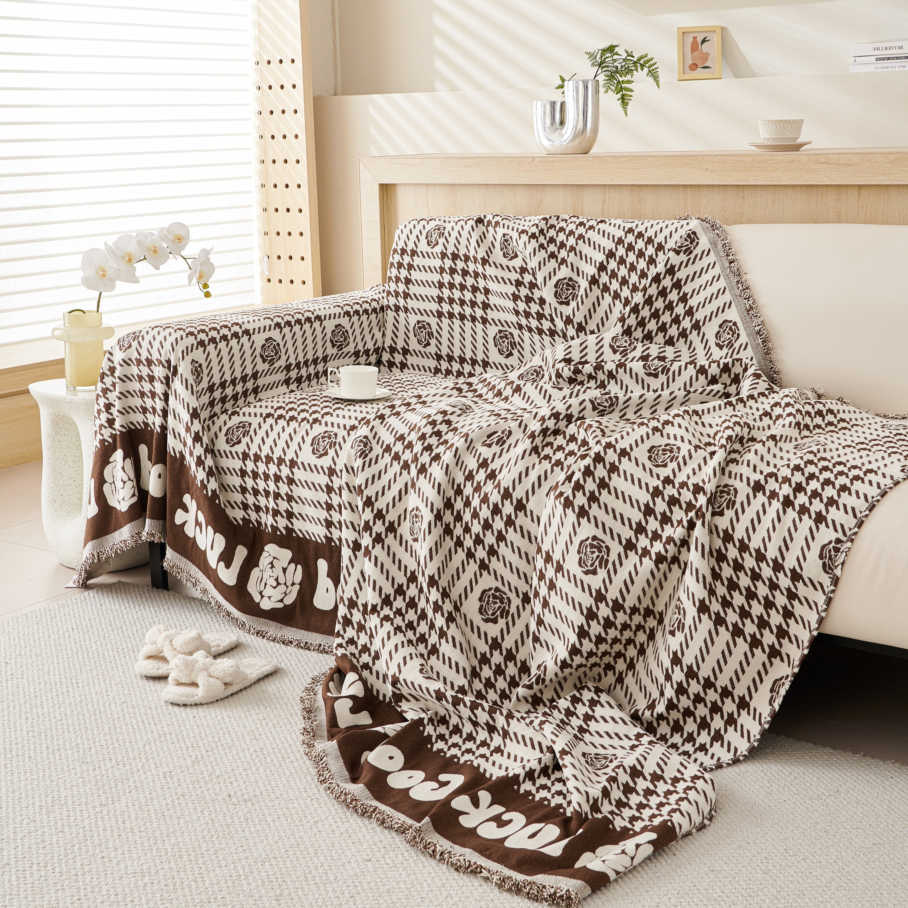 Chenille Houndstooth Sofa Throw Cover, Scratch Proof Cozy Throw Blankets for Couch