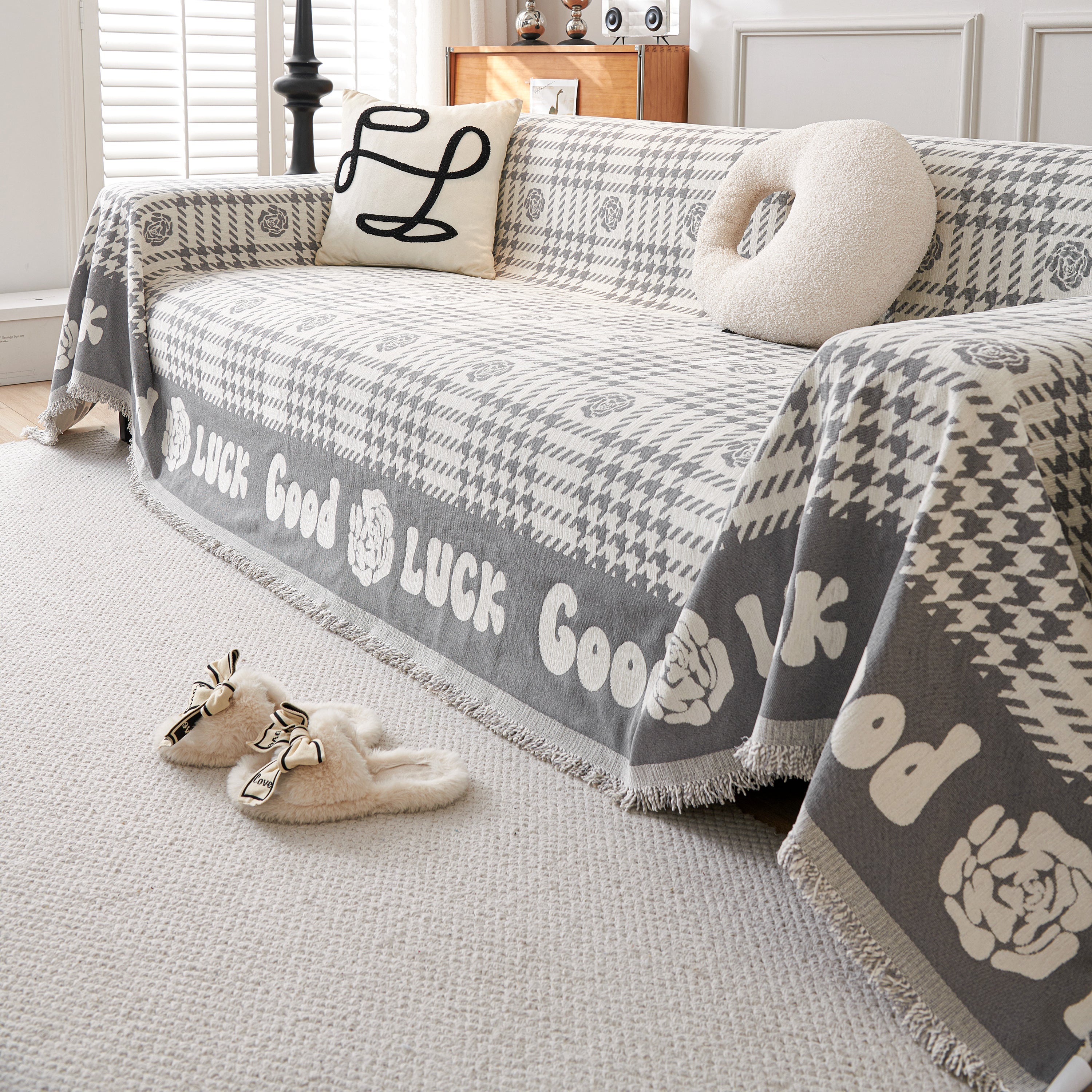 Chenille Houndstooth Sofa Throw Cover, Scratch Proof Cozy Throw Blankets for Couch